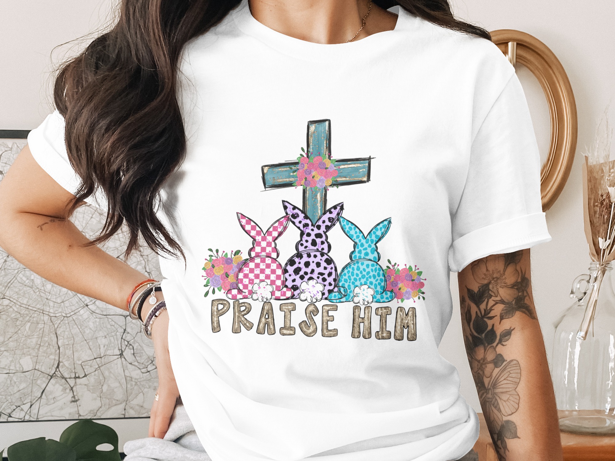 Easter Praise Him Bunny Cross PNG, Floral Christian Digital Download, Sublimation DTF File, Spring Religious Art, Cute Rabbit Design