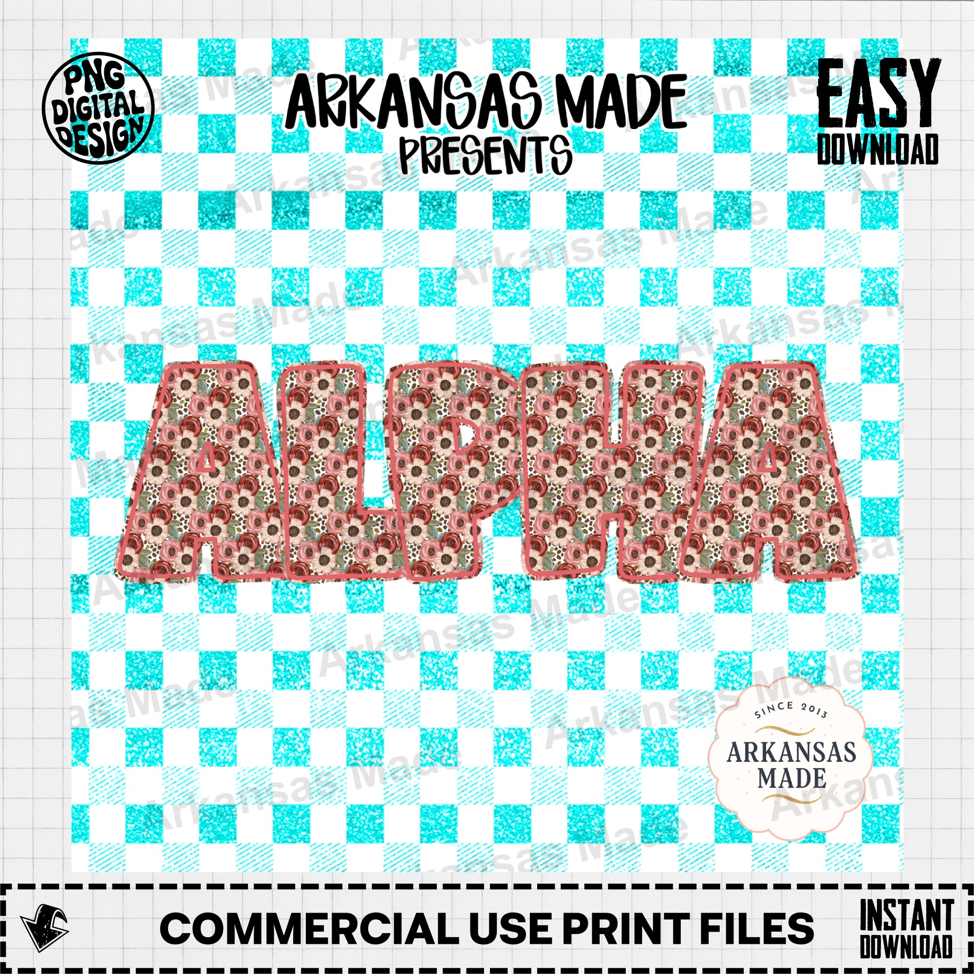 Floral Alpha Digital Download PNG Set - Pink Rose Glitter Buffalo Plaid Alphabet Clipart for Sublimation & Crafts - Image 2