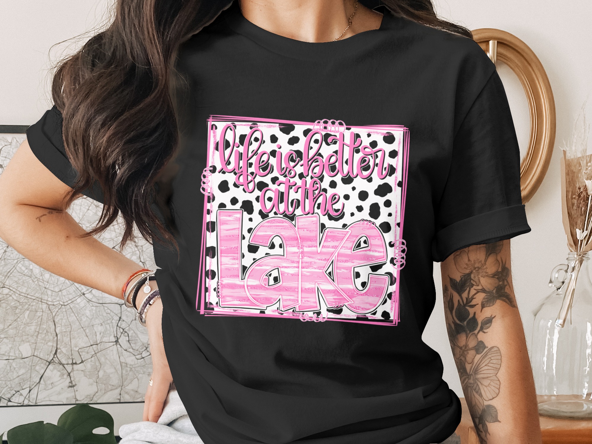 Life is Better at the Lake Digital Download, Cow Print Lake Life Sublimation PNG, Pink Glitter DTF Design, Summer Vacation Graphic Art - Image 2