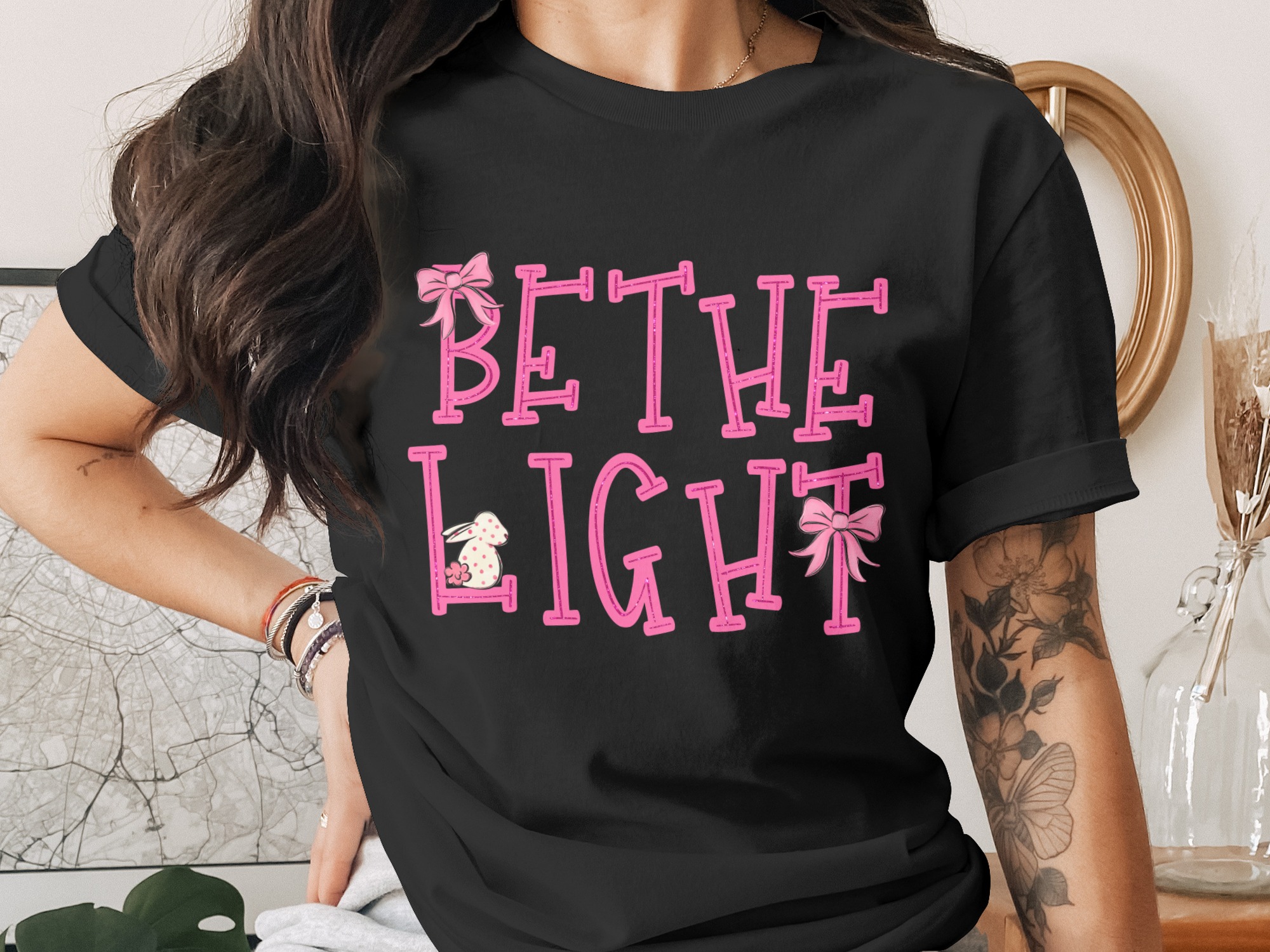 Be The Light PNG, Inspirational Quote Design, Pink Glitter Letters, Cute Bunny Bow, Digital Download Sublimation DTF PNG, Motivational - Image 2