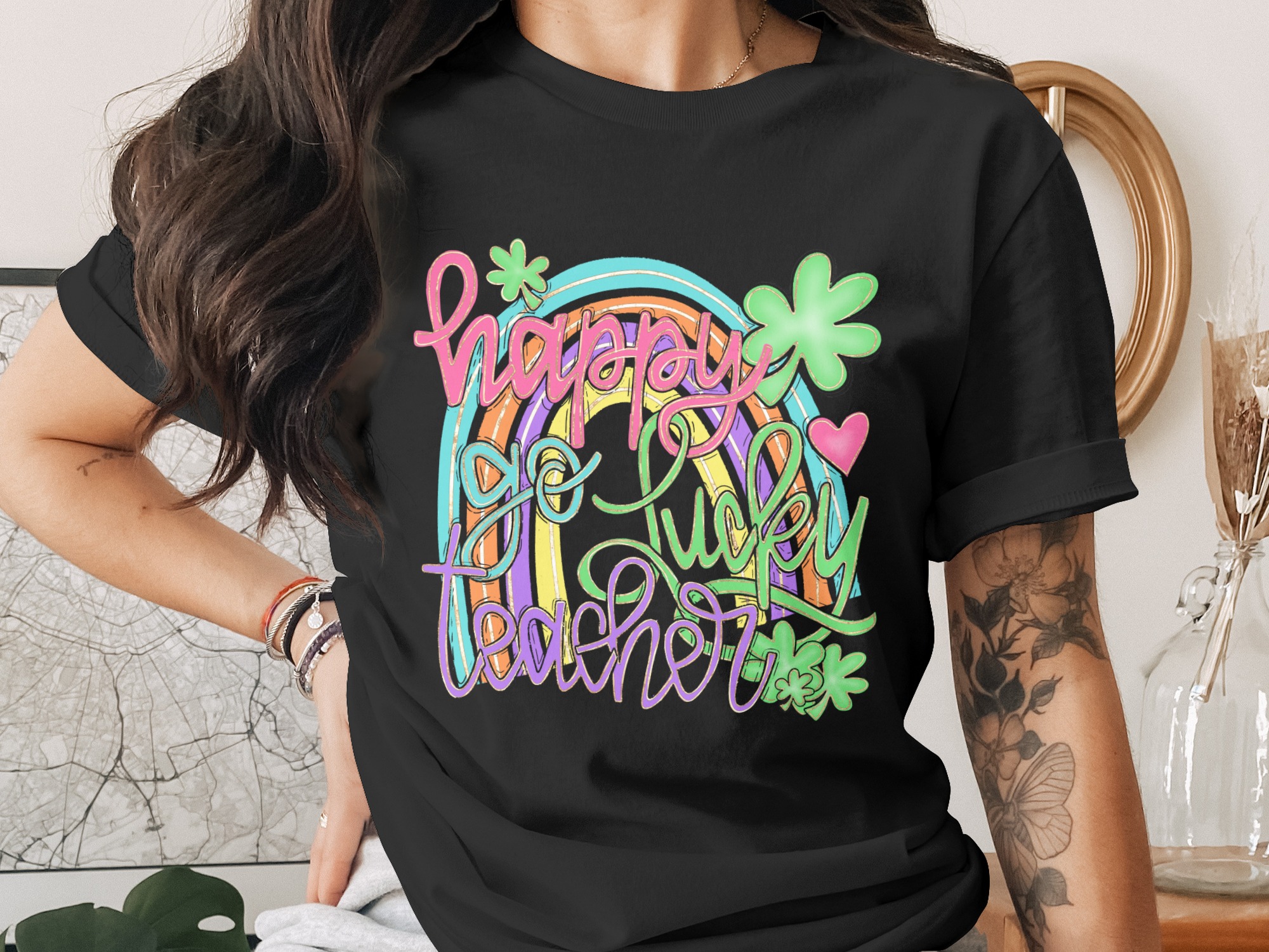 Happy Go Lucky Teacher PNG, St Patricks Day Digital Download, Teacher Life Sublimation, Clover Rainbow DTF Design, School Teacher Gift - Image 2