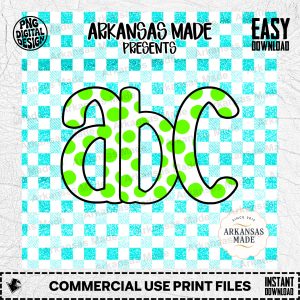 Playful Polka Dot ABC Digital Download Alpha Set - Vibrant Lime Green Polkadots & Faux Teal Glitter Gingham Font