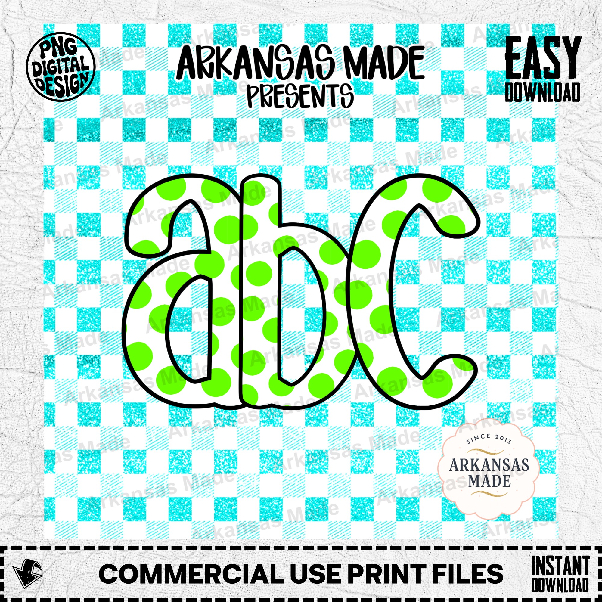 Playful Polka Dot ABC Digital Download Alpha Set - Vibrant Lime Green Polkadots & Faux Teal Glitter Gingham Font
