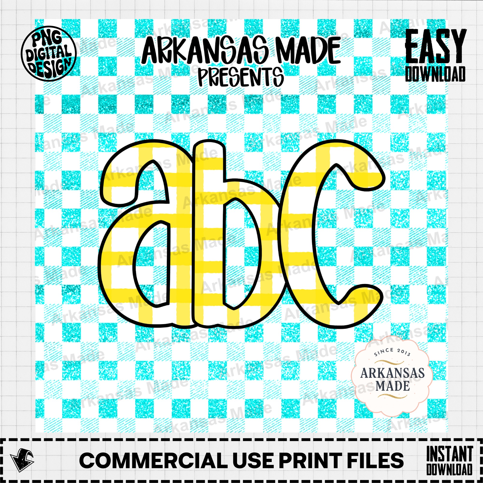 Gingham Alphabet PNG, Aqua Yellow Glitter Alpha Set, Checkerboard Letters Digital Download, Teacher Sublimation Design, Nursery Decor - Image 2
