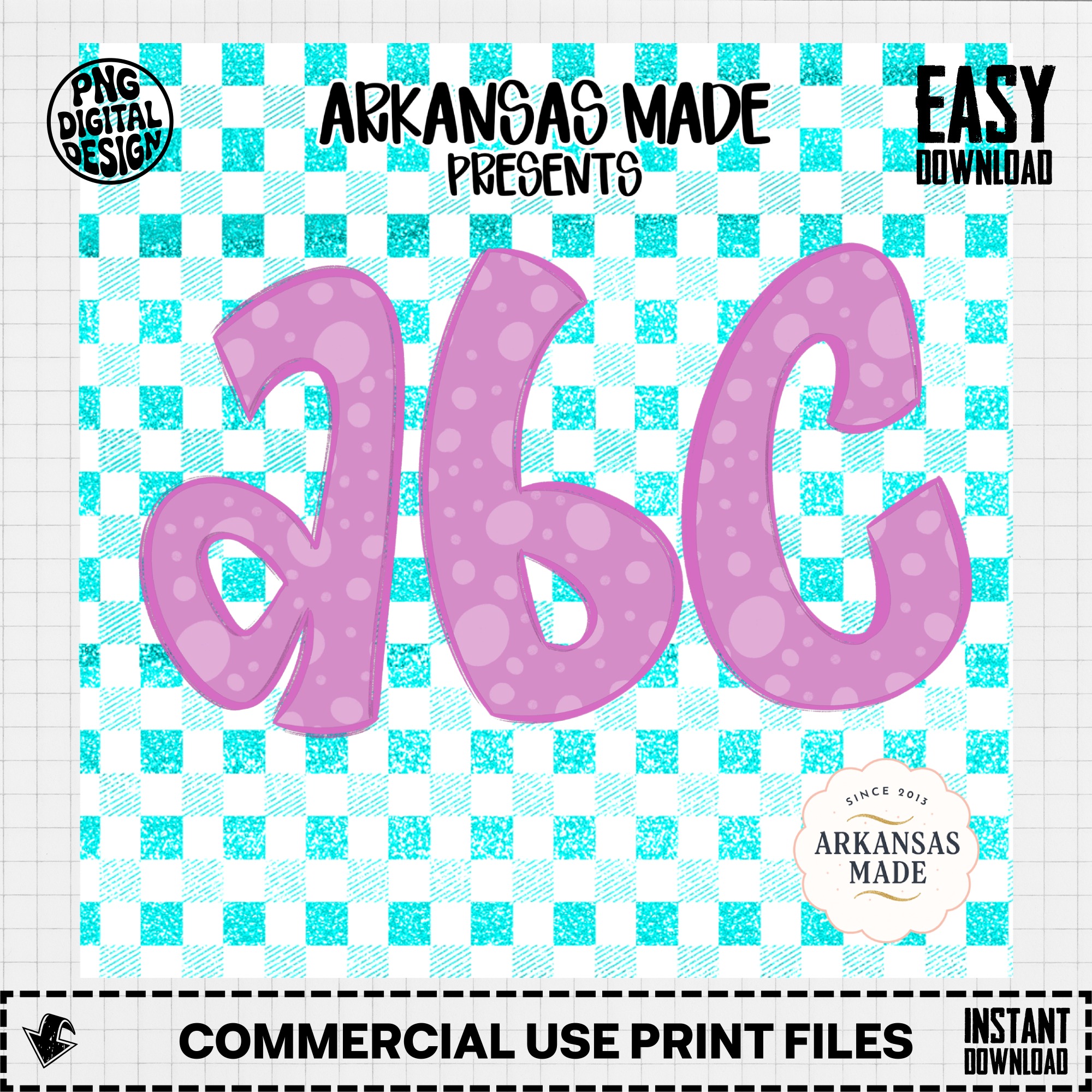 Digital, Digital Download Full A-Z Alpha, Sublimation DTF PNGs, Pink Polka Dot Alphabet, Glitter Teal Gingham Letters, Bubbly Font ABCs - Image 3