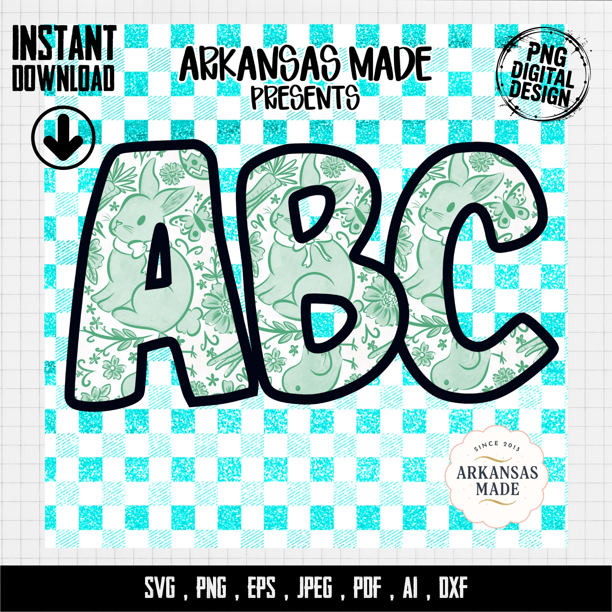 Teal Gingham Bunny ABC Alphabet, Easter Rabbit Full A-Z Digital Download, Sublimation DTF PNGs, Mint Spring Letters Pack - Image 4