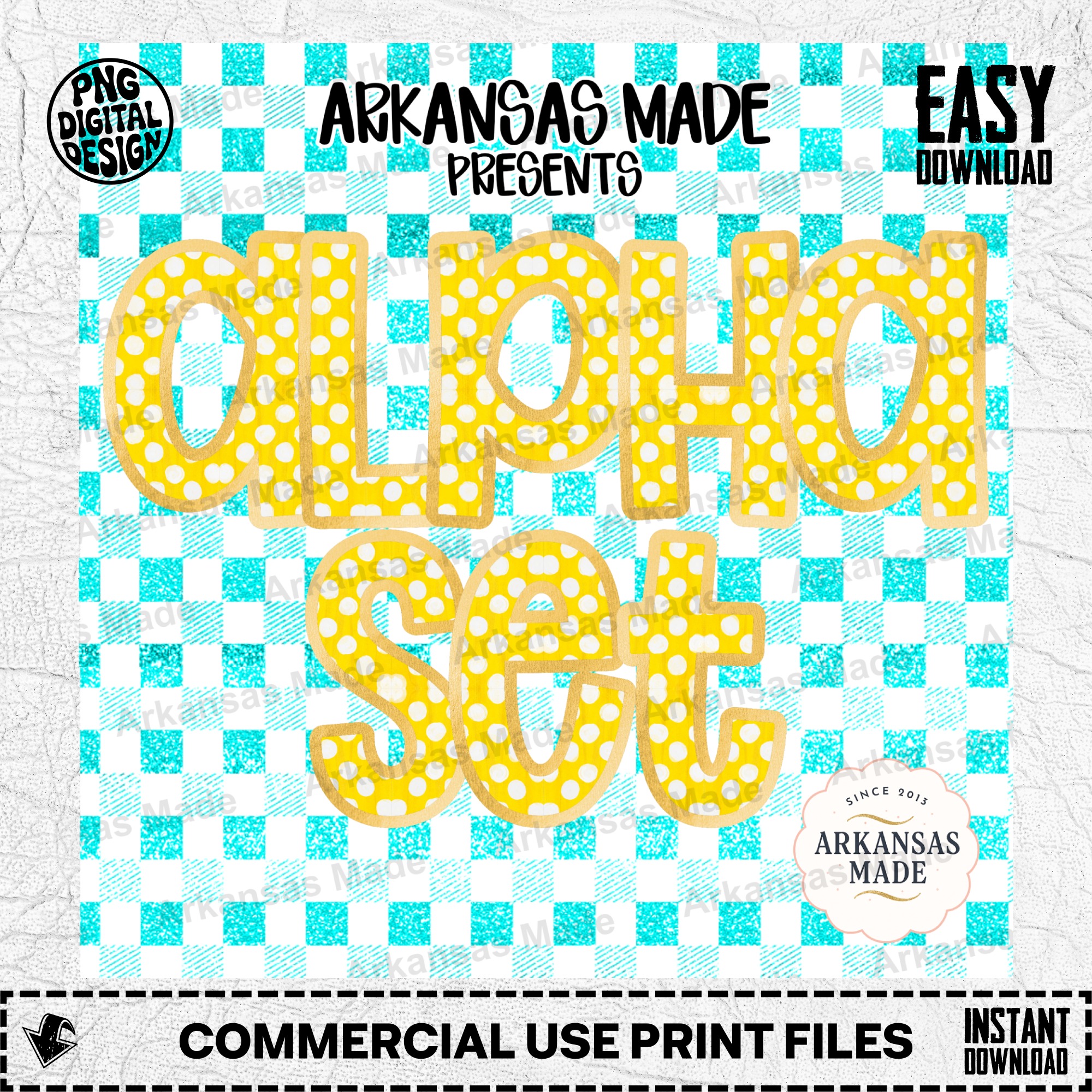 Yellow Polka Dot Digital Alpha Set | Faux Gold Outline Letters | Aqua Glitter Gingham Alphabet PNG Clipart Bundle