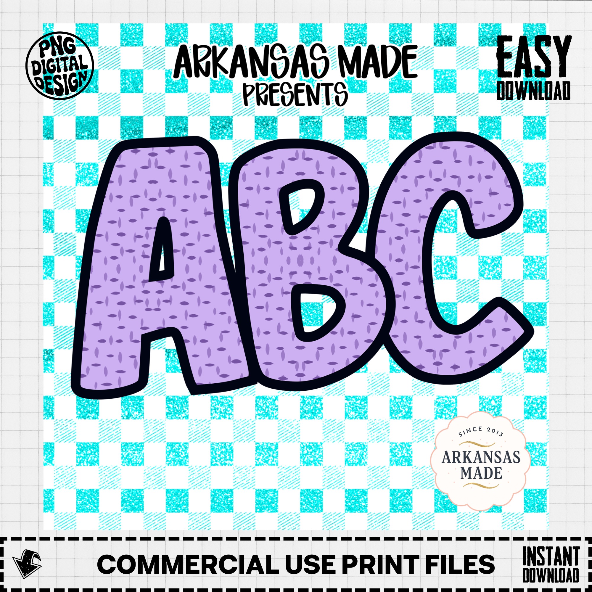 Digital, Digital Download Full A-Z Alpha, Sublimation DTF PNGs, Lavender Textured ABC Alphabet, Turquoise Gingham Checkered Design, Crafting - Image 3