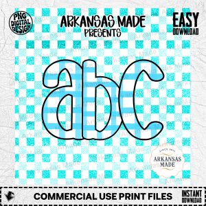 Teal Gingham Alphabet Digital Download Alpha Set, Aqua Faux Glitter Letters SVG PNG Bundle, Craft Clipart, Nursery Decor