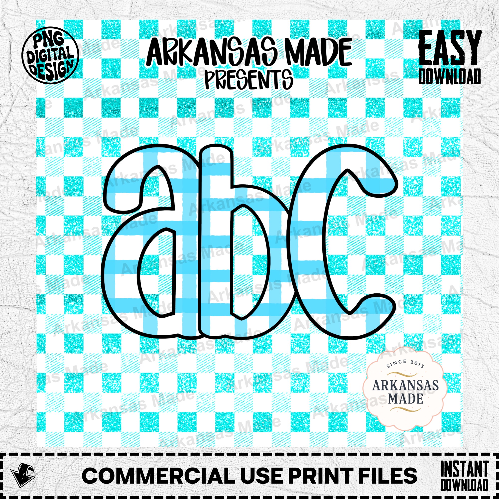 Teal Gingham Alphabet Digital Download Alpha Set, Aqua Faux Glitter Letters SVG PNG Bundle, Craft Clipart, Nursery Decor