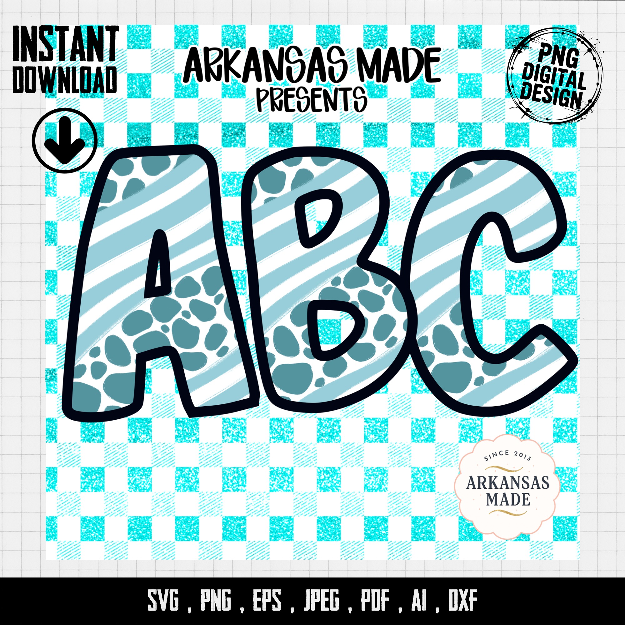 Digital Download Full A-Z Alpha Sublimation DTF PNGs, Teal Gingham Alphabet, Buffalo Plaid, Aqua Stripes and Spots ABC - Image 4