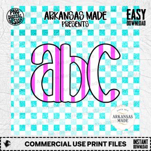 Preppy Pink Teal Gingham Glitter Alphabet Digital Download Alpha Set - Striped Bubble Letters PNG - Trendy ABC Font Craft Supply