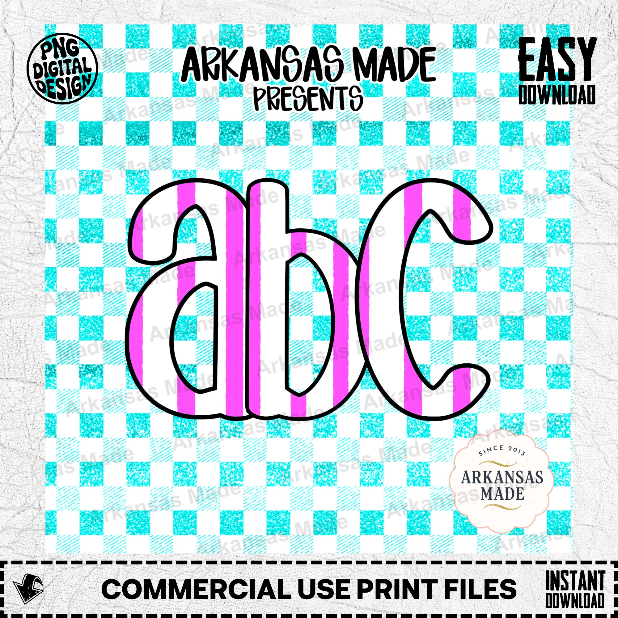 Preppy Pink Teal Gingham Glitter Alphabet Digital Download Alpha Set - Striped Bubble Letters PNG - Trendy ABC Font Craft Supply