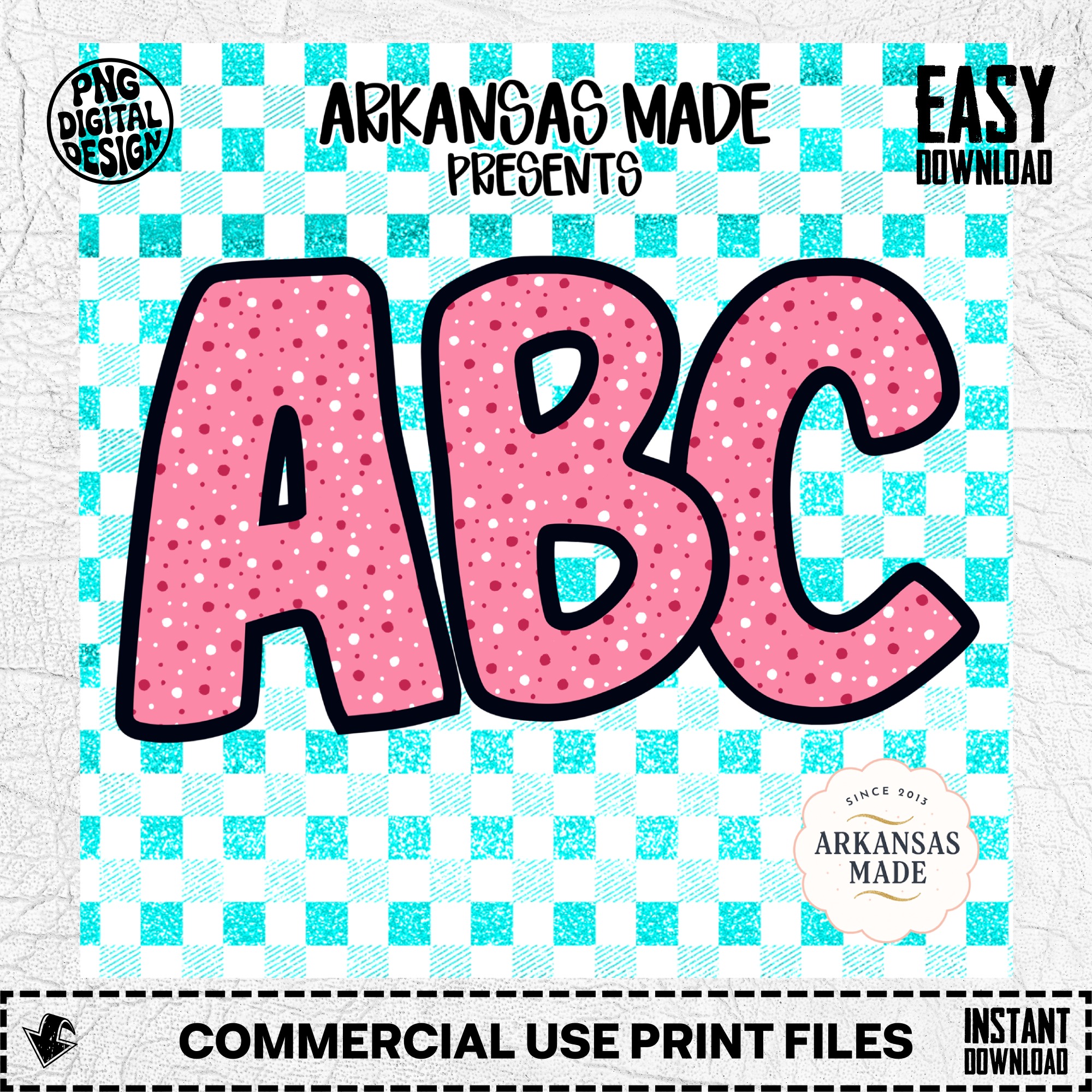 Digital, Digital Download Full A-Z Alpha, Pink Polka Dot Alphabet, Cute Letter Sublimation, Checkered Background DTF PNGs, ABC Clipart Set - Image 2