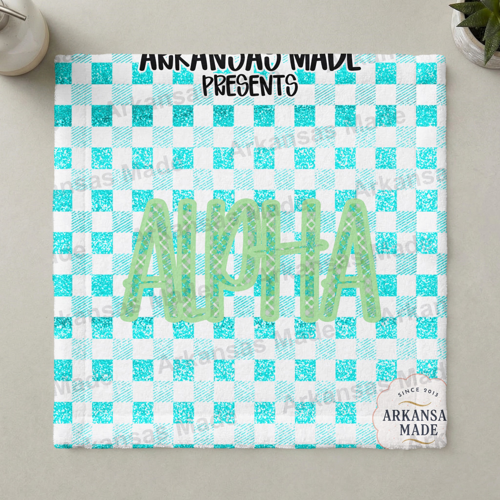 Green Plaid Alpha Sorority PNG Digital Download, Teal Glitter Gingham Checkered Collegiate Sublimation Design - Image 3