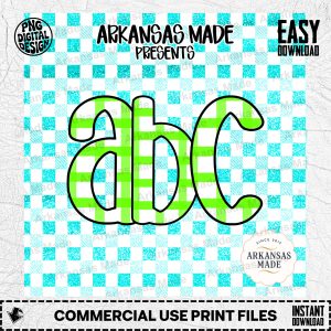 Digital Download Alpha Set, Green Gingham ABC Letters, Aqua Glitter Plaid Font PNG, Custom Initial Monogram Clipart, Crafting Supply