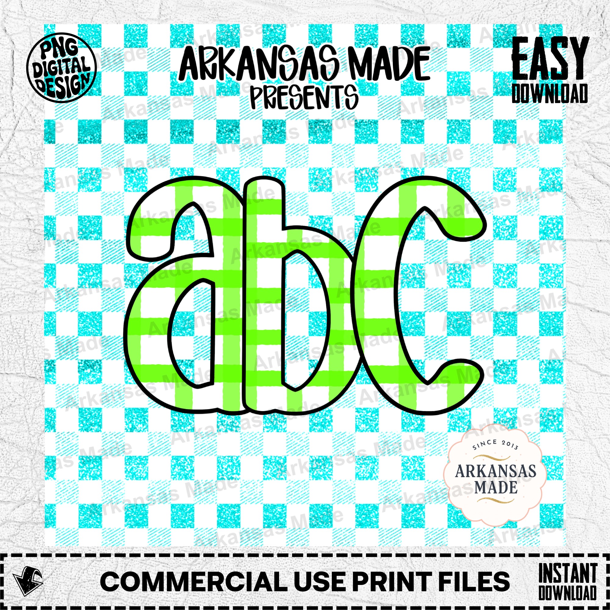 Digital Download Alpha Set, Green Gingham ABC Letters, Aqua Glitter Plaid Font PNG, Custom Initial Monogram Clipart, Crafting Supply