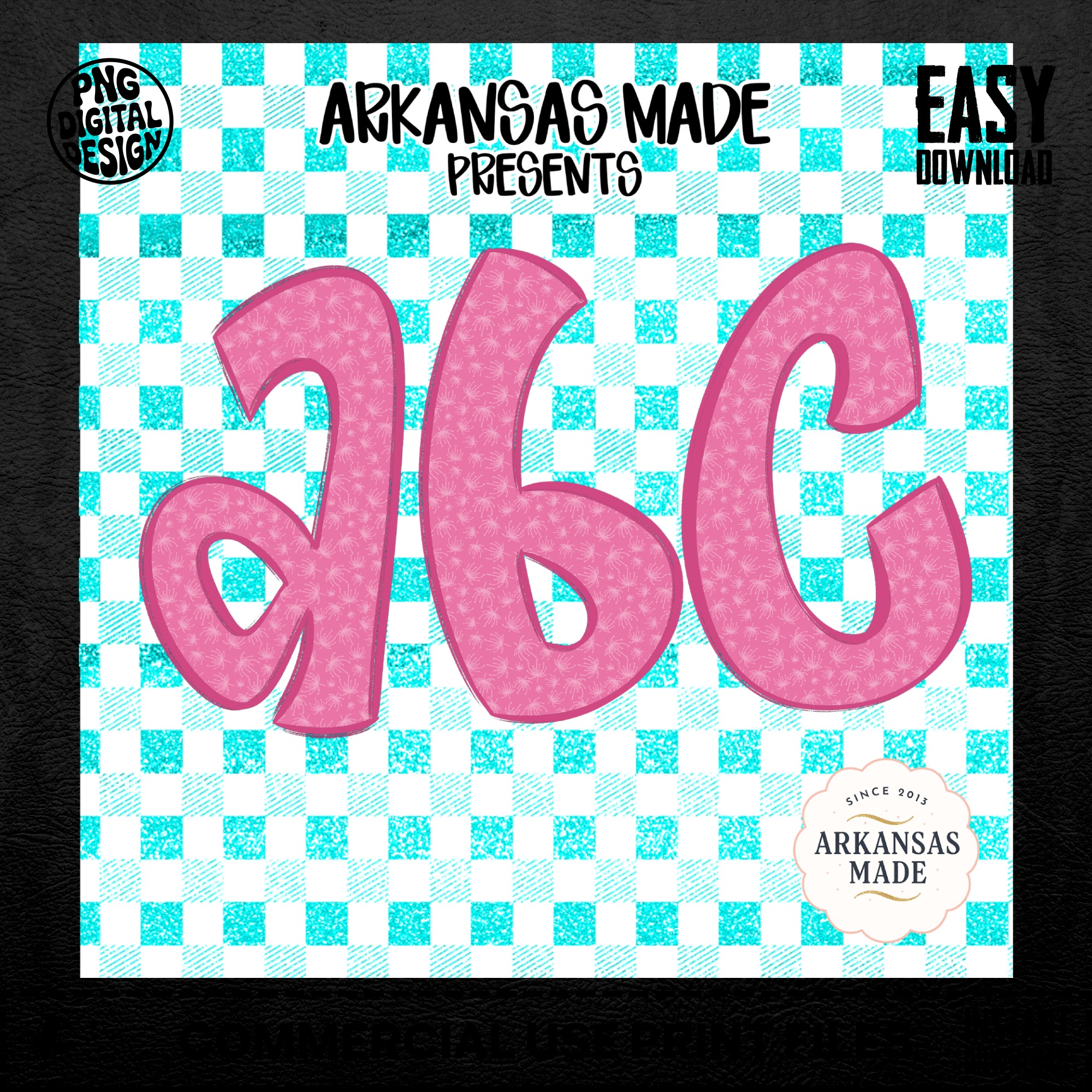 Pink Floral Glitter Alphabet, Teal Gingham Checkered A-Z, Digital Download, Sublimation DTF PNGs, Full Letter Set, Cute ABC Design - Image 5