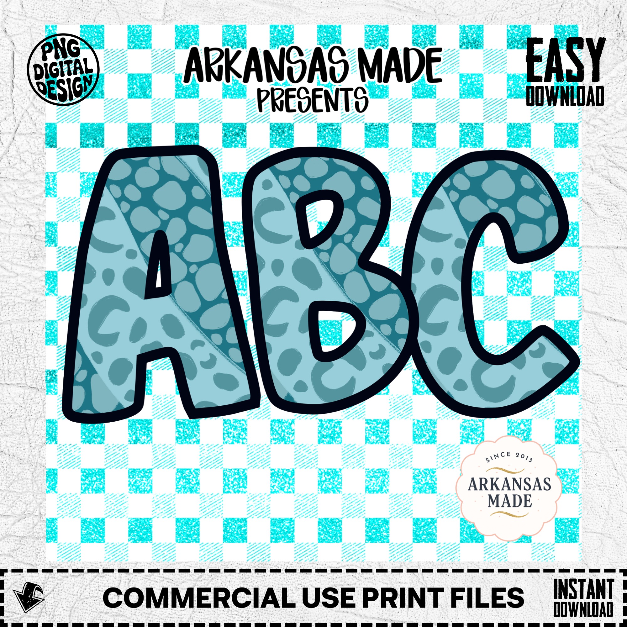 Teal Leopard Spot ABC Alphabet, Full A-Z Digital Download, Sublimation DTF PNGs, Aqua Gingham Checkered Letters - Image 2