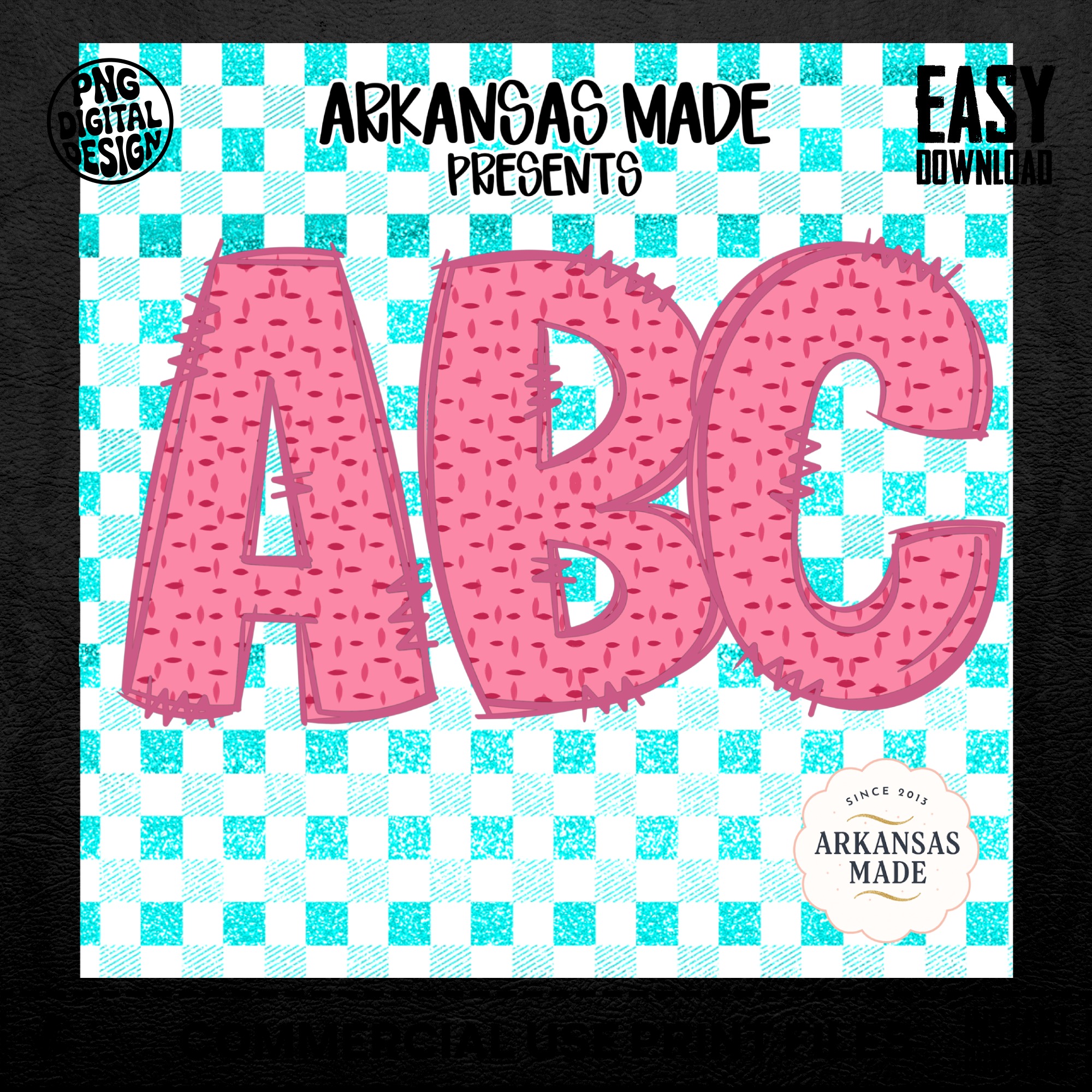 Digital Download Full A-Z Alphabet, Sublimation DTF PNGs, Pink Textured ABC Letters, Turquoise Gingham Background, Arkansas Made Art - Image 5
