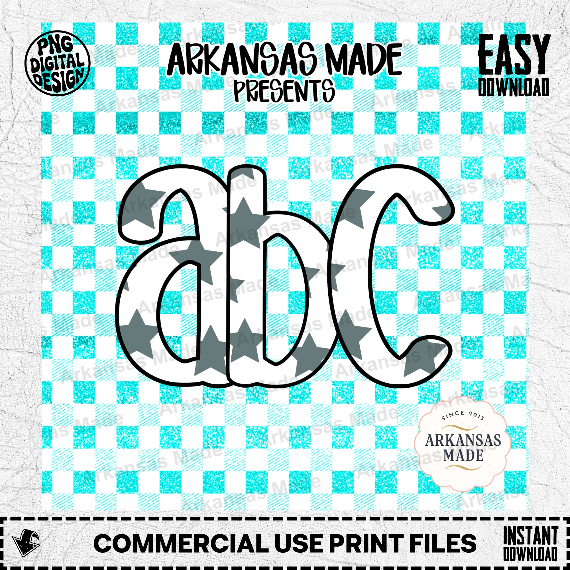 Teal Star Gingham ABC Alpha Set Digital Download, Glitter Alphabet Letters Font, Crafting PNG for DIY Projects, Instant Download