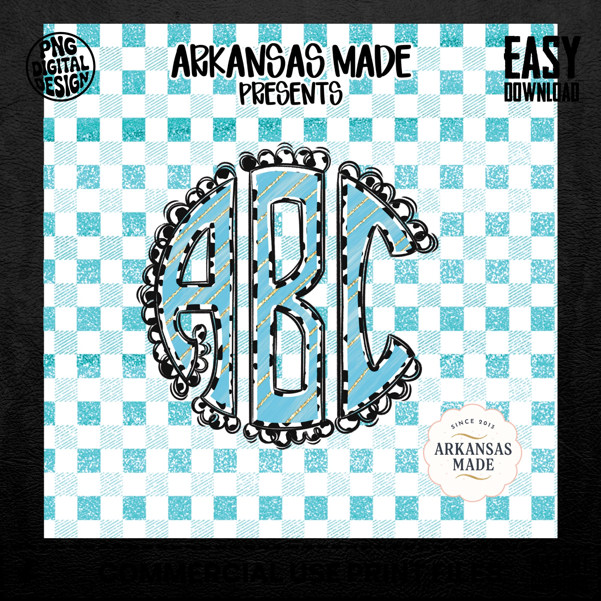 Teal Glitter Dalmatian Dots Circle Monogram PNG, Digital Download, Gingham Buffalo Plaid, Custom Initial Alphabet, Sparkly Spotted Design - Image 5