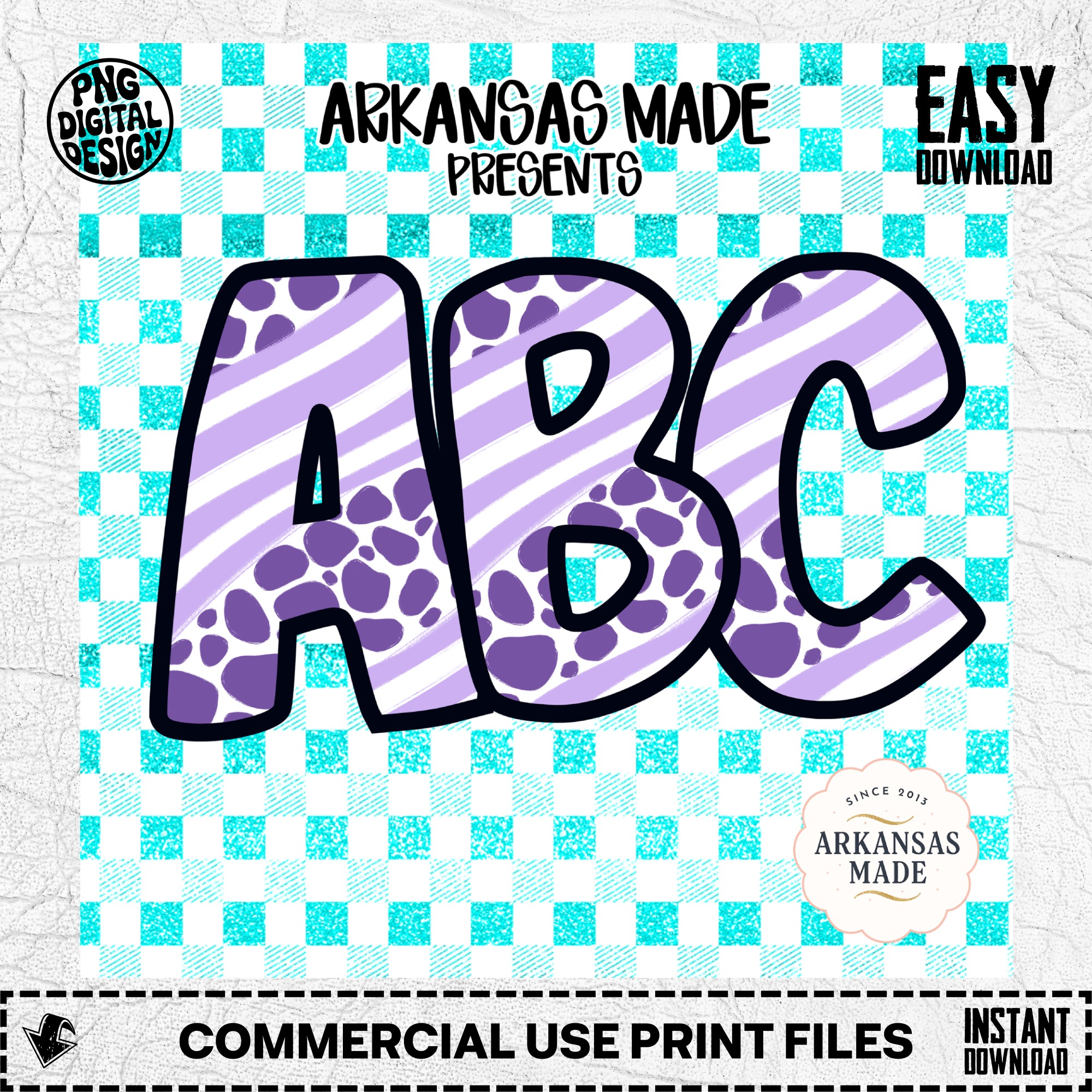 Digital A-Z Alphabet, Full Letters Bundle, Sublimation DTF PNGs, Teal Checkered Animal Print Stripes, Instant Download, Graphic Design - Image 2