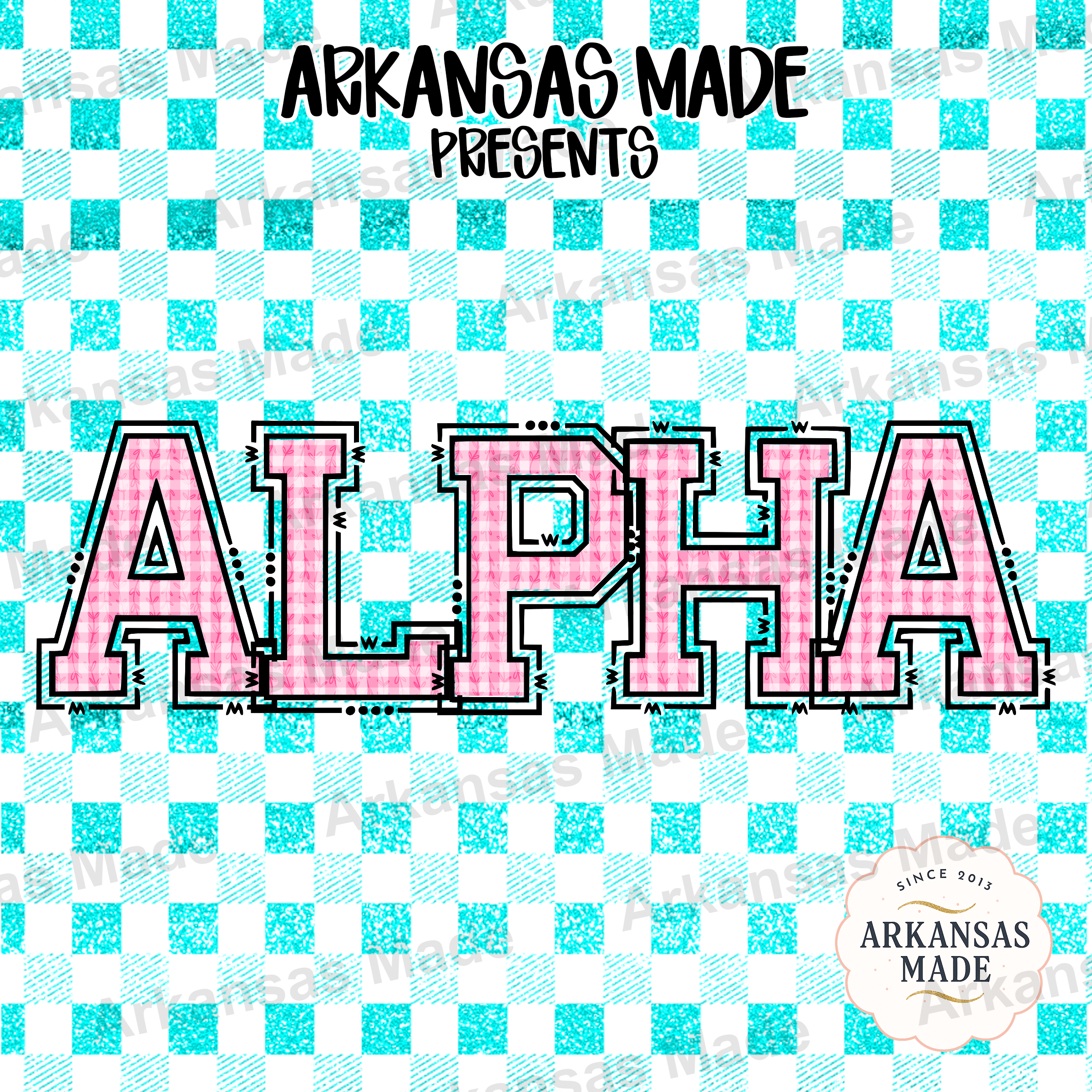 Digital Download Alpha Set | Pink Gingham Collegiate Letters | Varsity Greek Sorority Font | Faux Teal Glitter Pattern PNG | Craft File - Image 4