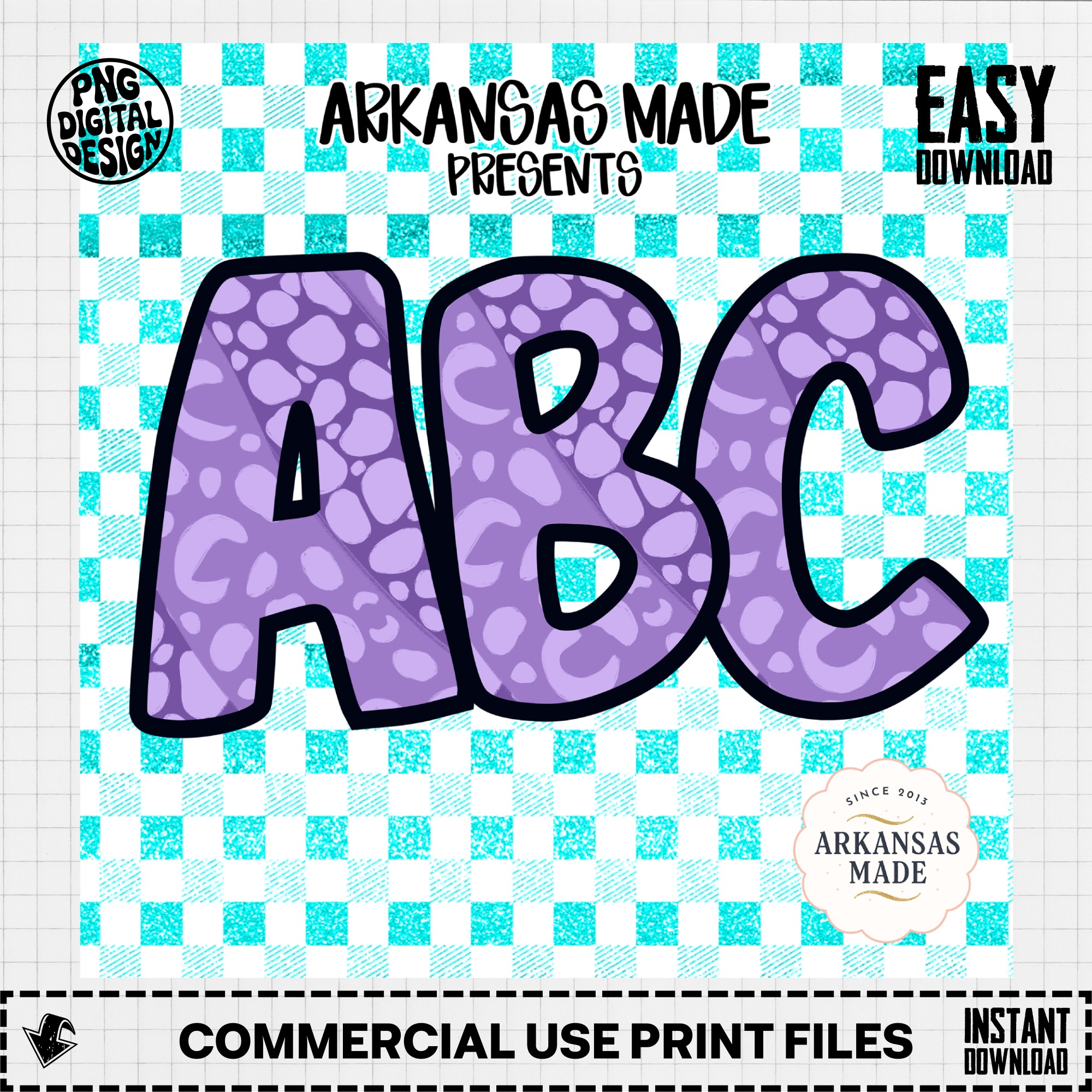 Purple Leopard Print ABC Alphabet, Full A-Z Alpha, Digital Download, Sublimation DTF PNGs, Turquoise Plaid, Kids Nursery Decor - Image 3