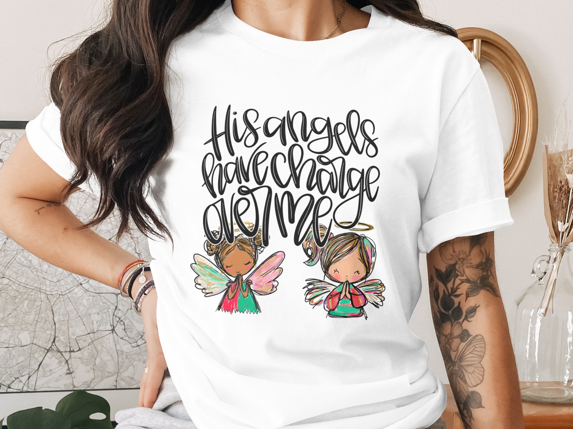 His Angels Have Charge Over Me Digital Download - Christian Quote Art, Cute Angel Girls PNG, Religious Nursery Decor, Scripture Faith Gift