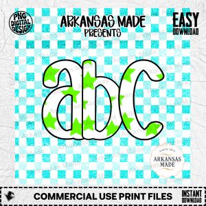 Digital Download Alpha Set, Neon Green Star Letters, Aqua Glitter Gingham Alphabet PNG, Kids Party Decor, Crafting Font, Sublimation