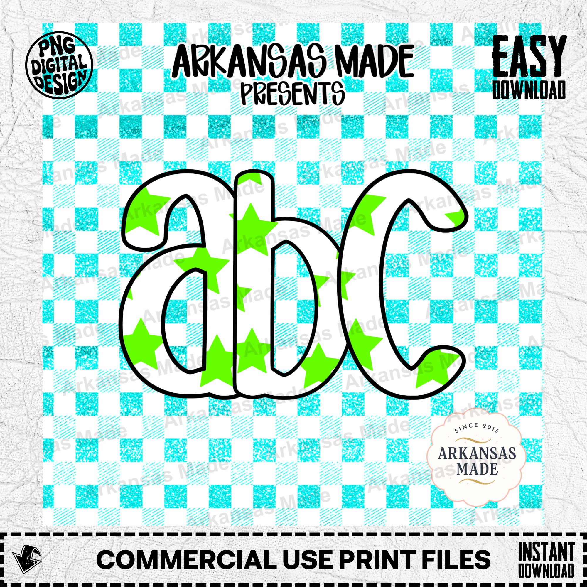 Digital Download Alpha Set, Neon Green Star Letters, Aqua Glitter Gingham Alphabet PNG, Kids Party Decor, Crafting Font, Sublimation
