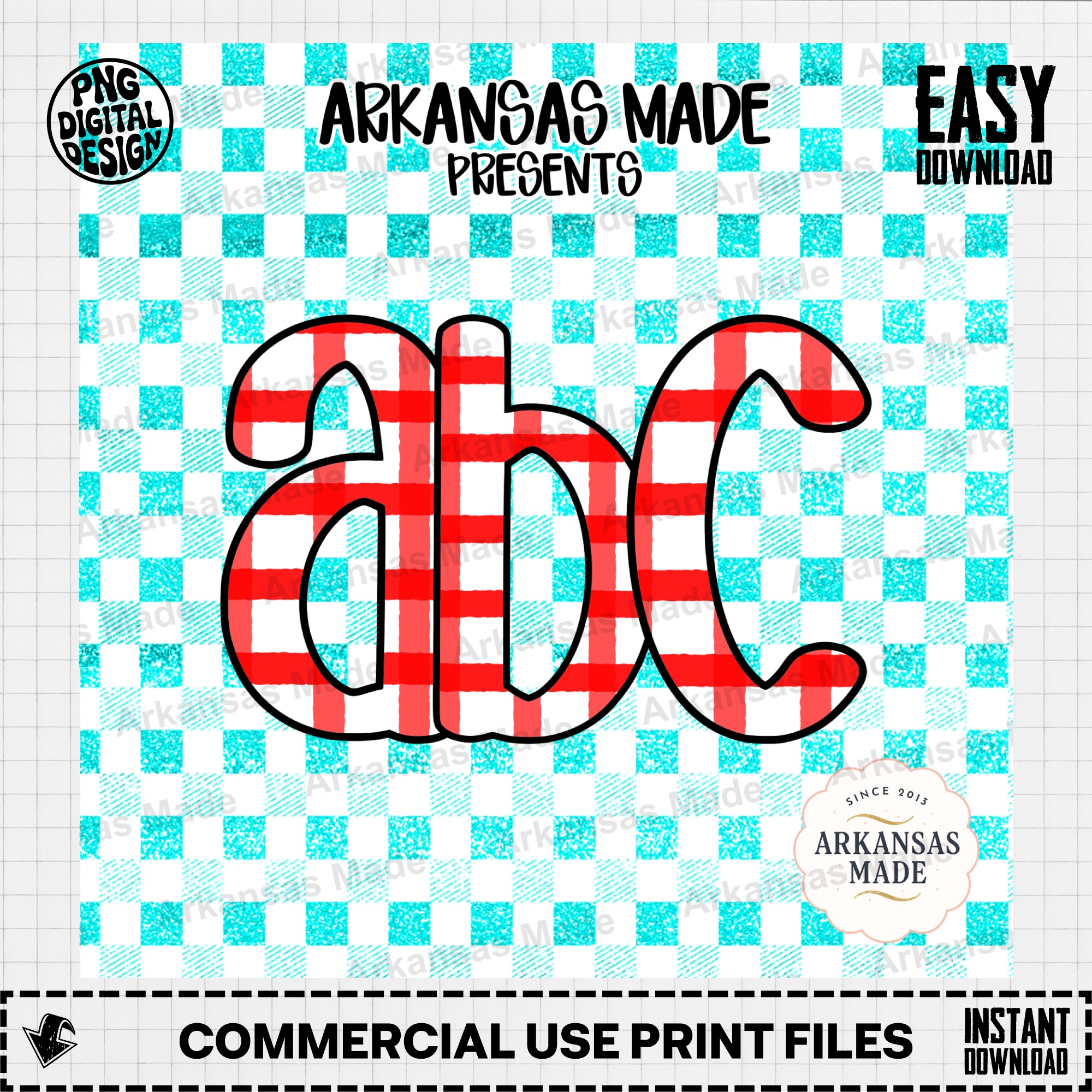 Red Gingham Buffalo Plaid ABC Digital Download Alpha Set with Faux Teal Glitter Background | Rustic Farmhouse Letters Font SVG PNG - Image 2
