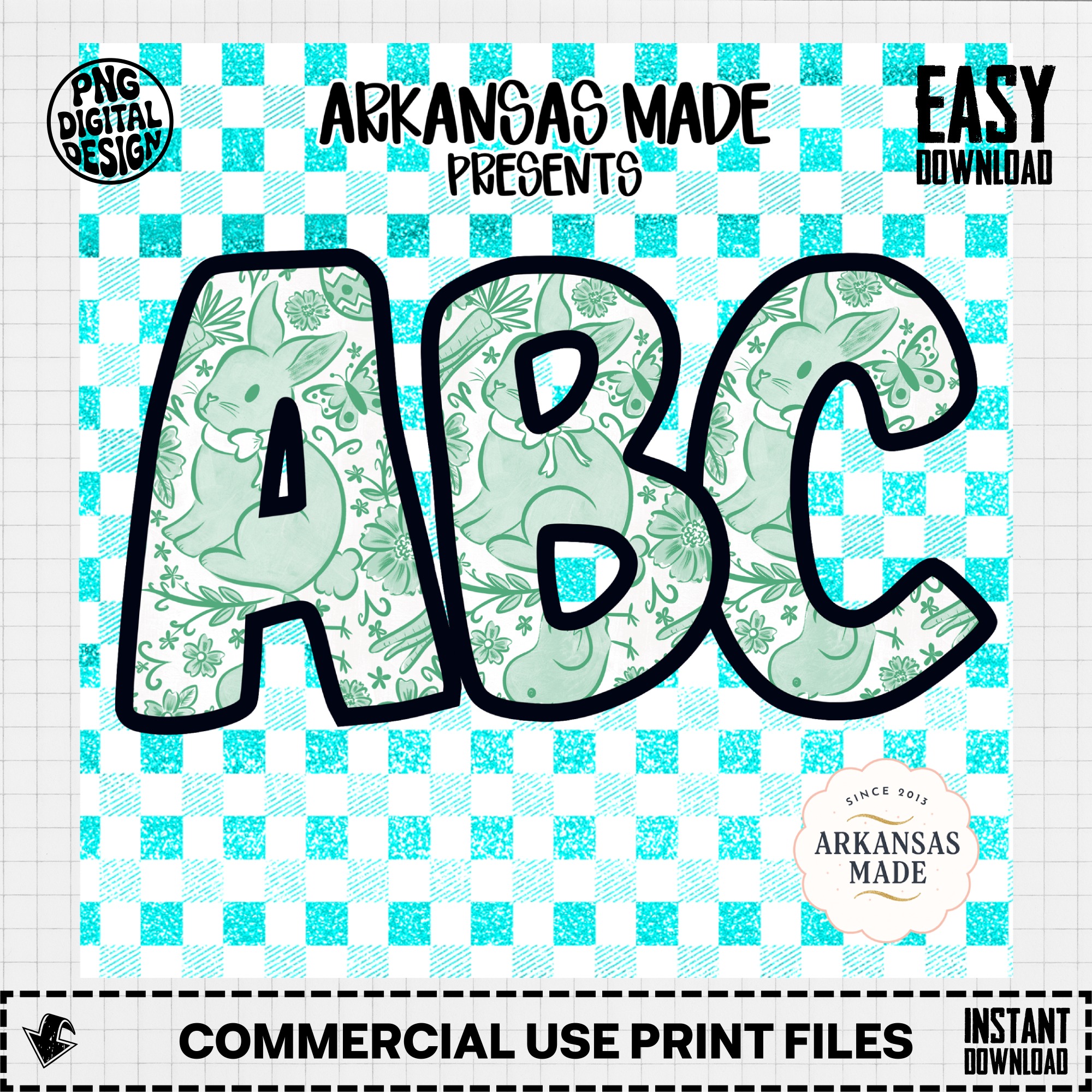 Teal Gingham Bunny ABC Alphabet, Easter Rabbit Full A-Z Digital Download, Sublimation DTF PNGs, Mint Spring Letters Pack - Image 3
