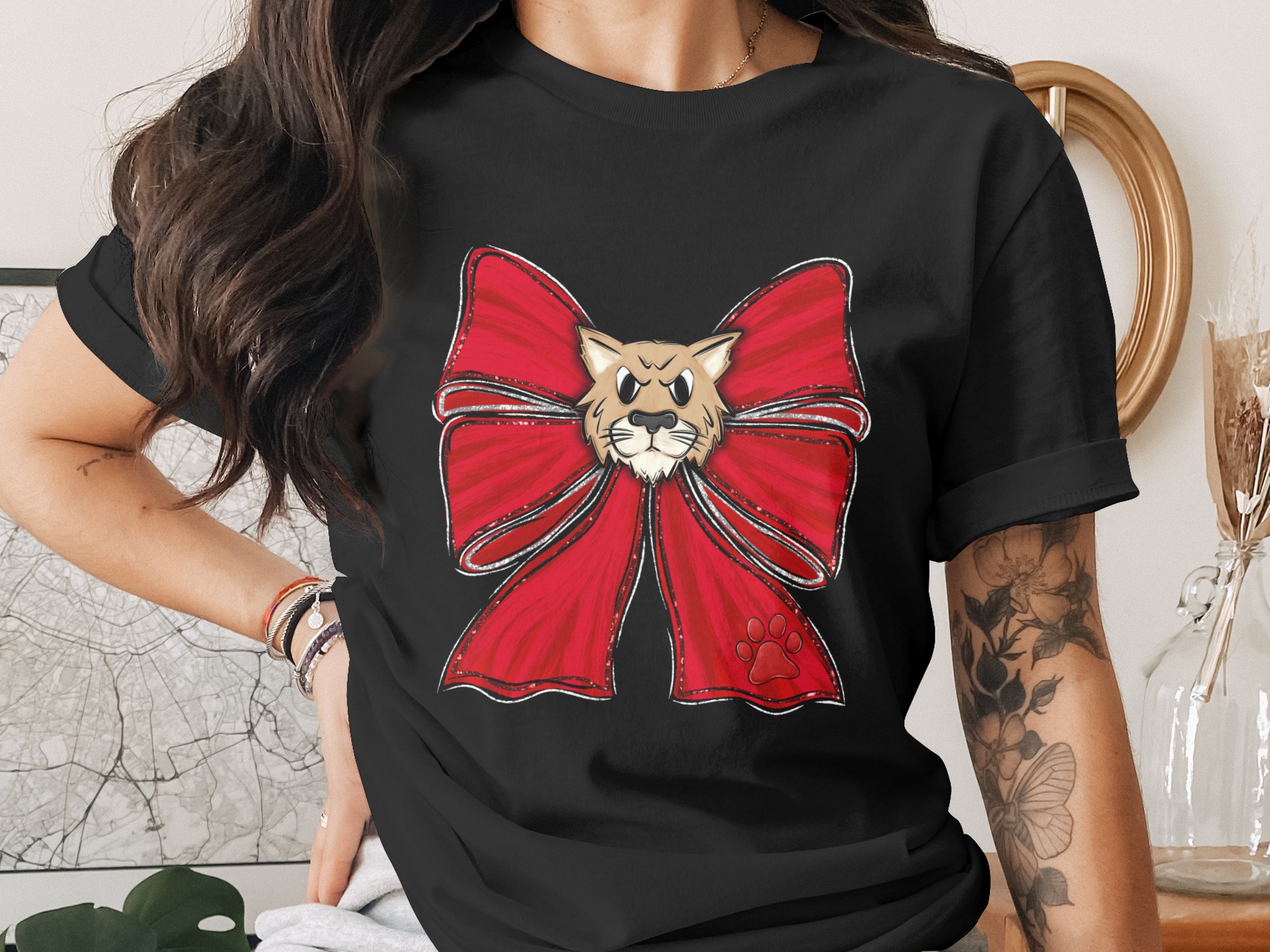 Angry Bobcat Red Glitter Bow PNG, Fierce Cougar Head Sublimation Design, Wildcat Mascot Digital Download, Game Day Paw Print DTF Image - Image 2