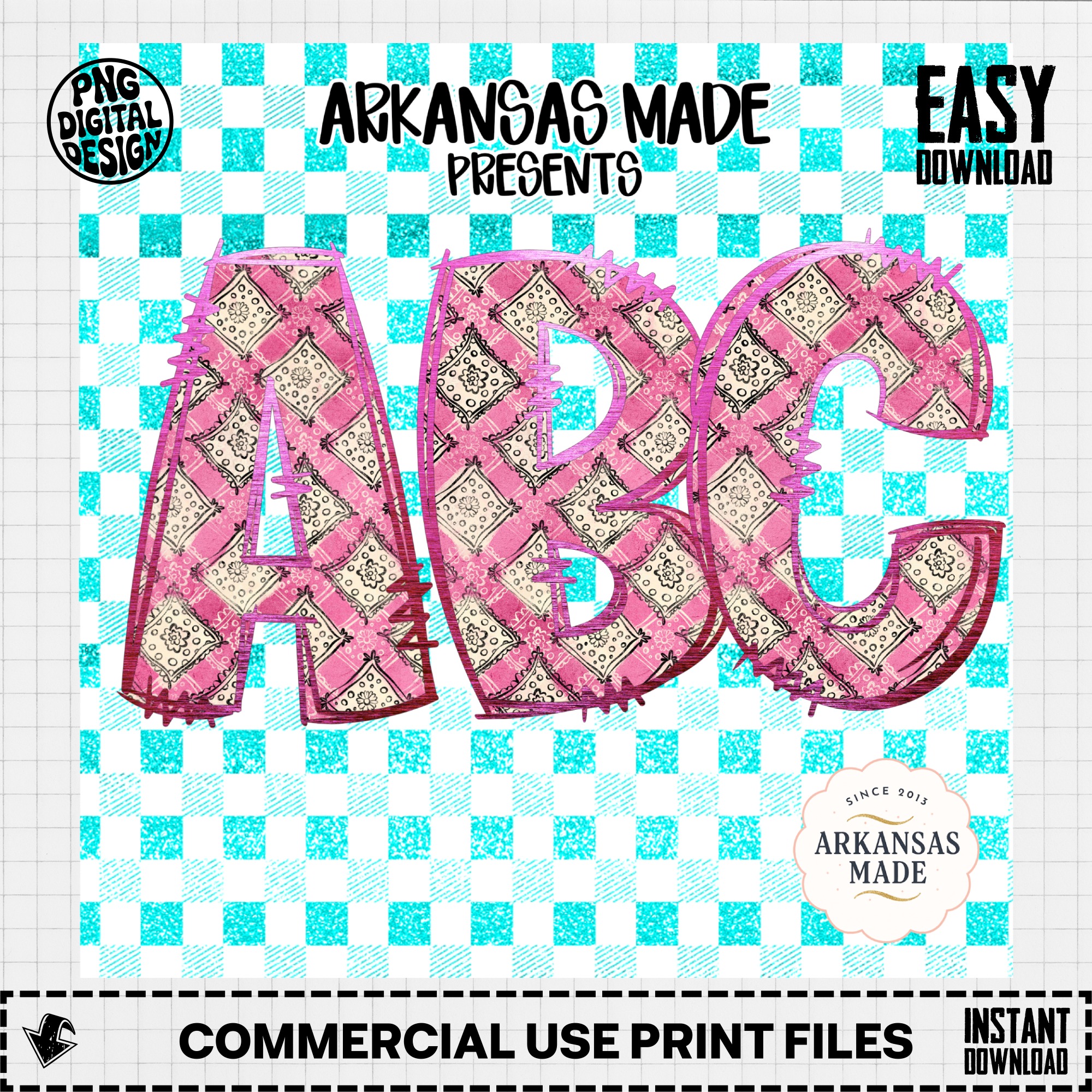 Pink Bandana Alphabet PNG, Teal Gingham Distressed Alpha, Full A-Z Digital Download, Sublimation DTF Letters, Shabby Chic - Image 3