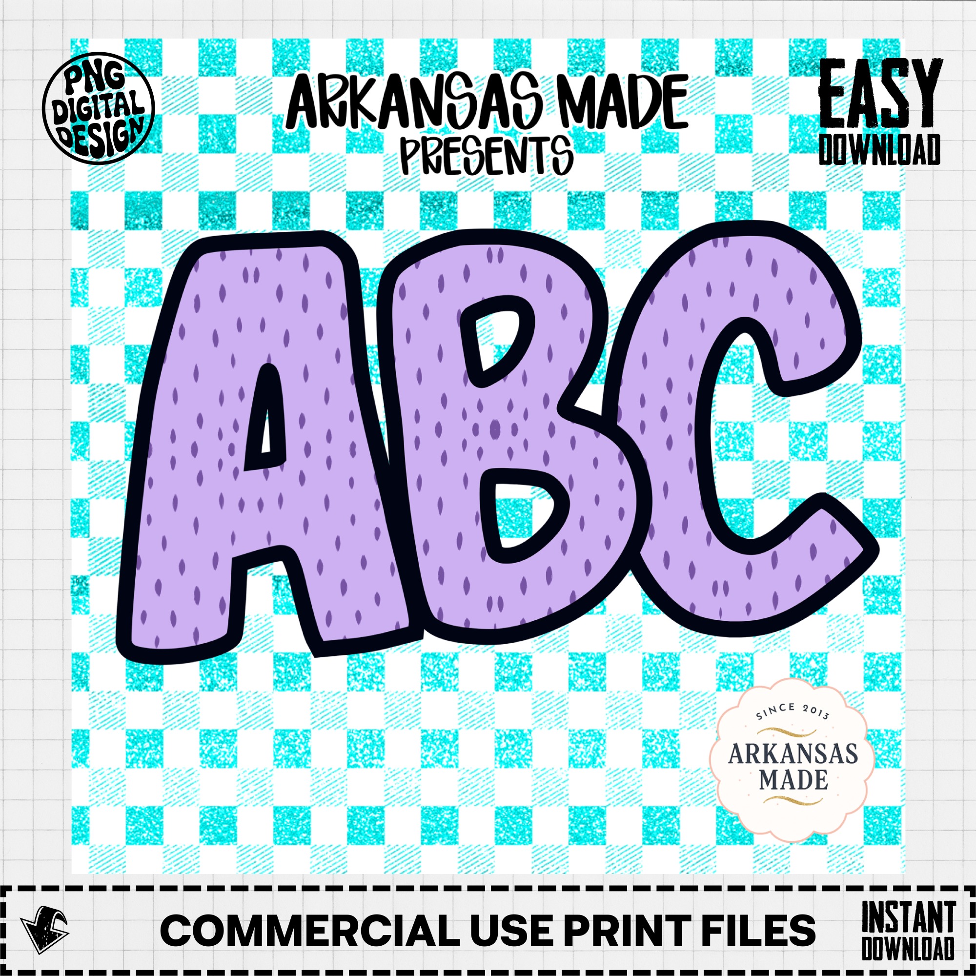 Purple Speckled ABC Alphabet, Full A-Z Alpha Set, Glitter Teal Checkered Background, Digital, Sublimation DTF PNGs Download - Image 3