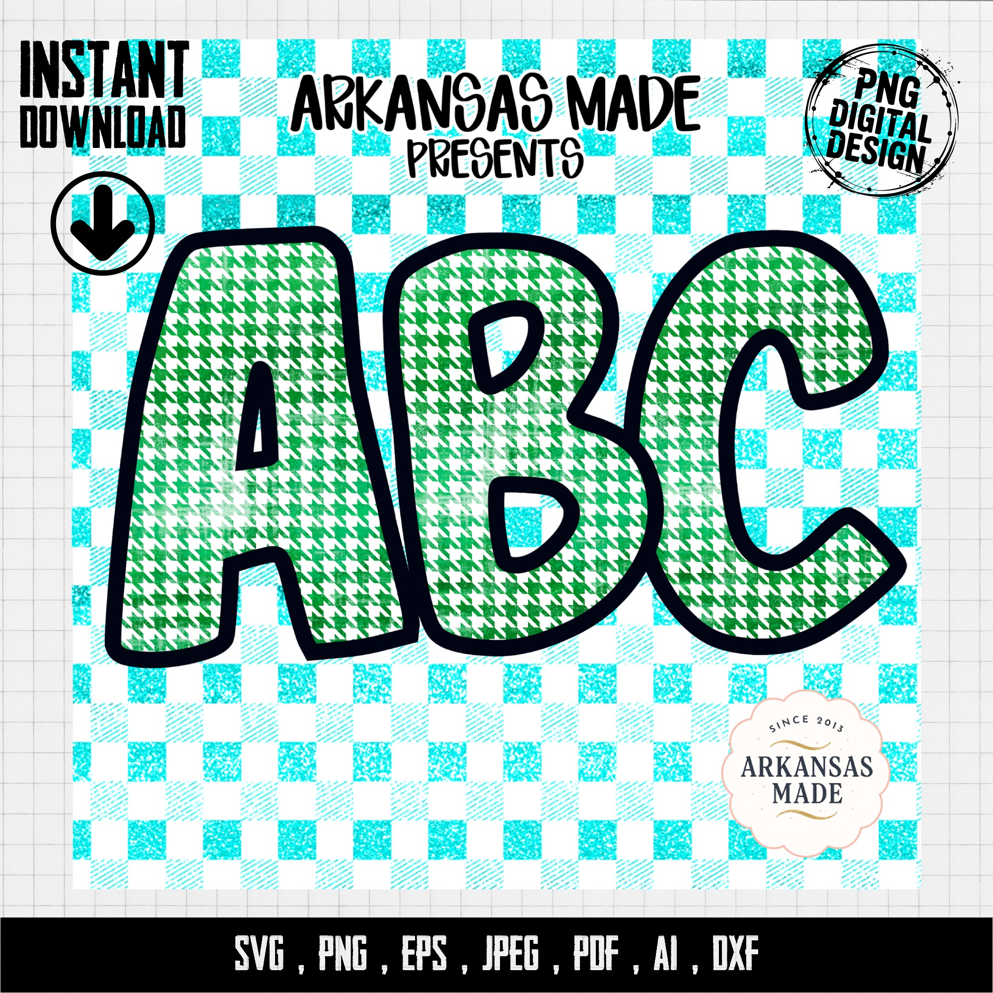 Digital Green Houndstooth Alphabet, Full A-Z Alpha PNGs, Distressed Letter Sublimation and DTF Bundle, Instant Download - Image 4