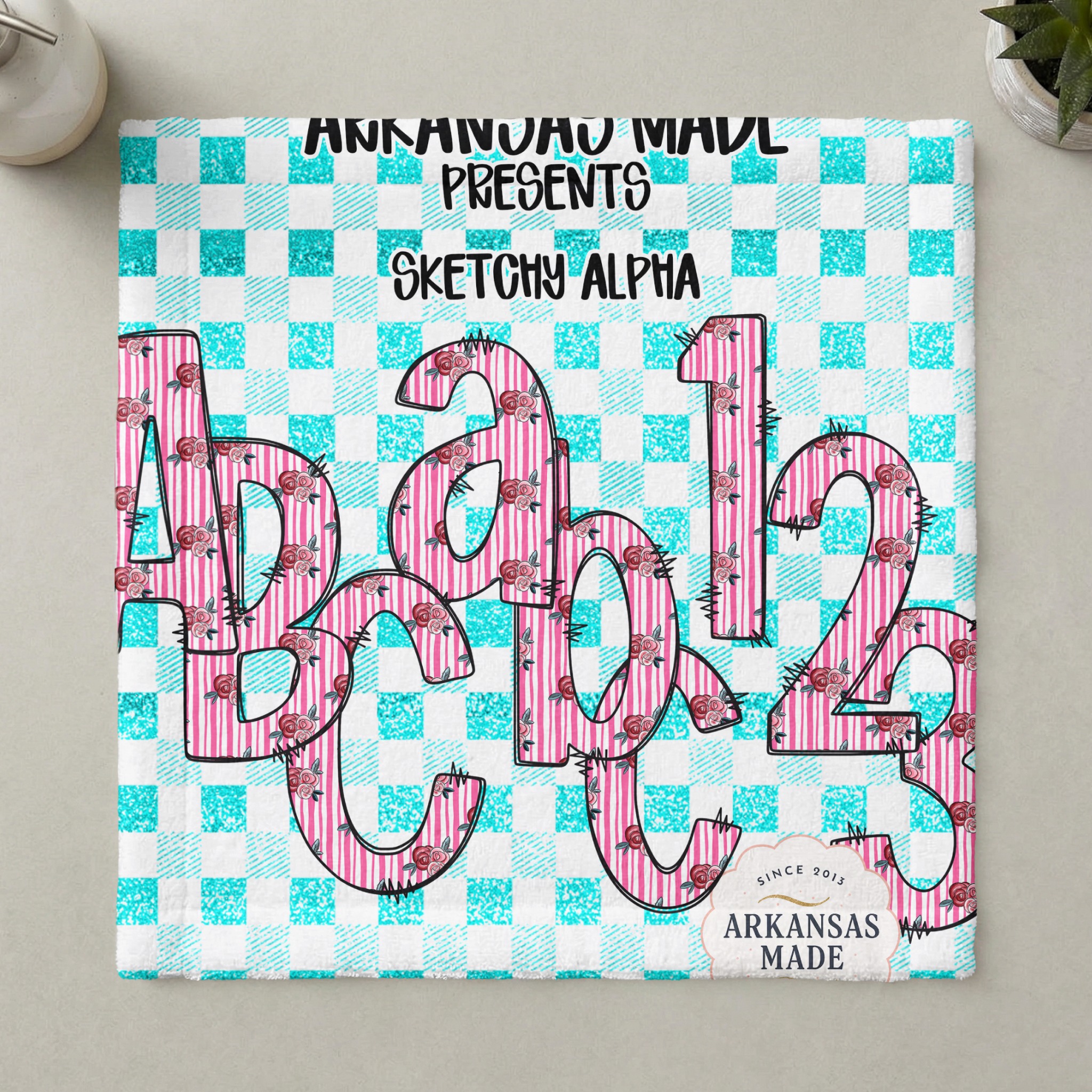 Sketchy Alpha Digital Download Set Pink Floral Stripes | PNG Letters & Numbers | Turquoise Gingham Sublimation Craft Font - Image 3