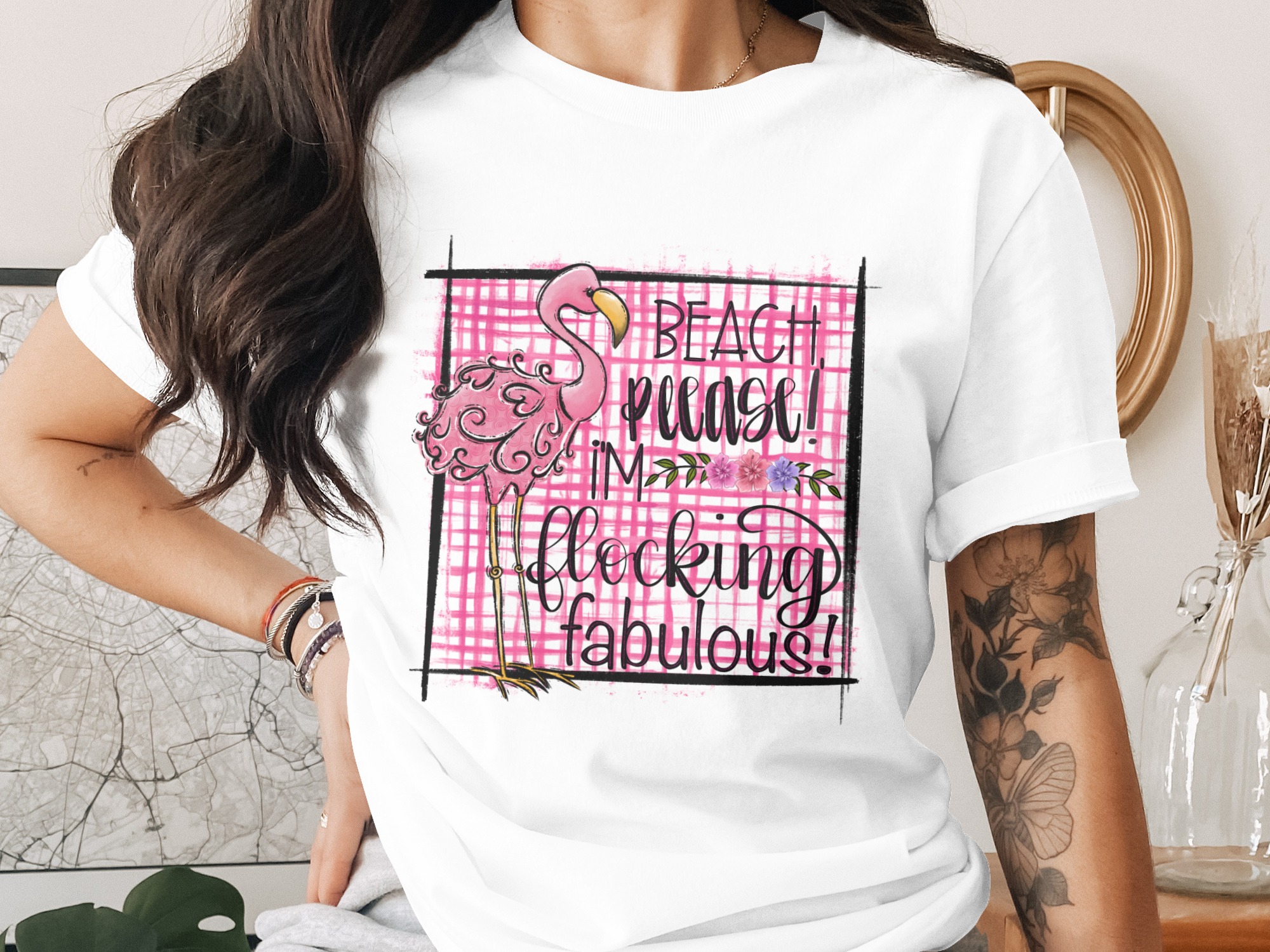 Flamingo Beach Please Flocking Fabulous PNG, Pink Plaid Tropical Sublimation Design, Sassy Summer DTF Digital Download Graphic, Instant Art