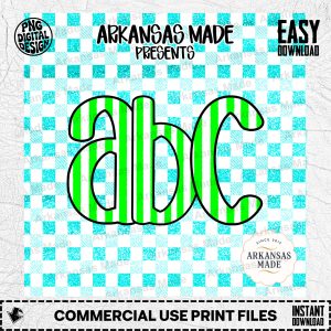 Green Striped ABC Digital Download Alpha Set - Teal Gingham Faux Glitter Alphabet Clipart for Teachers & Crafters