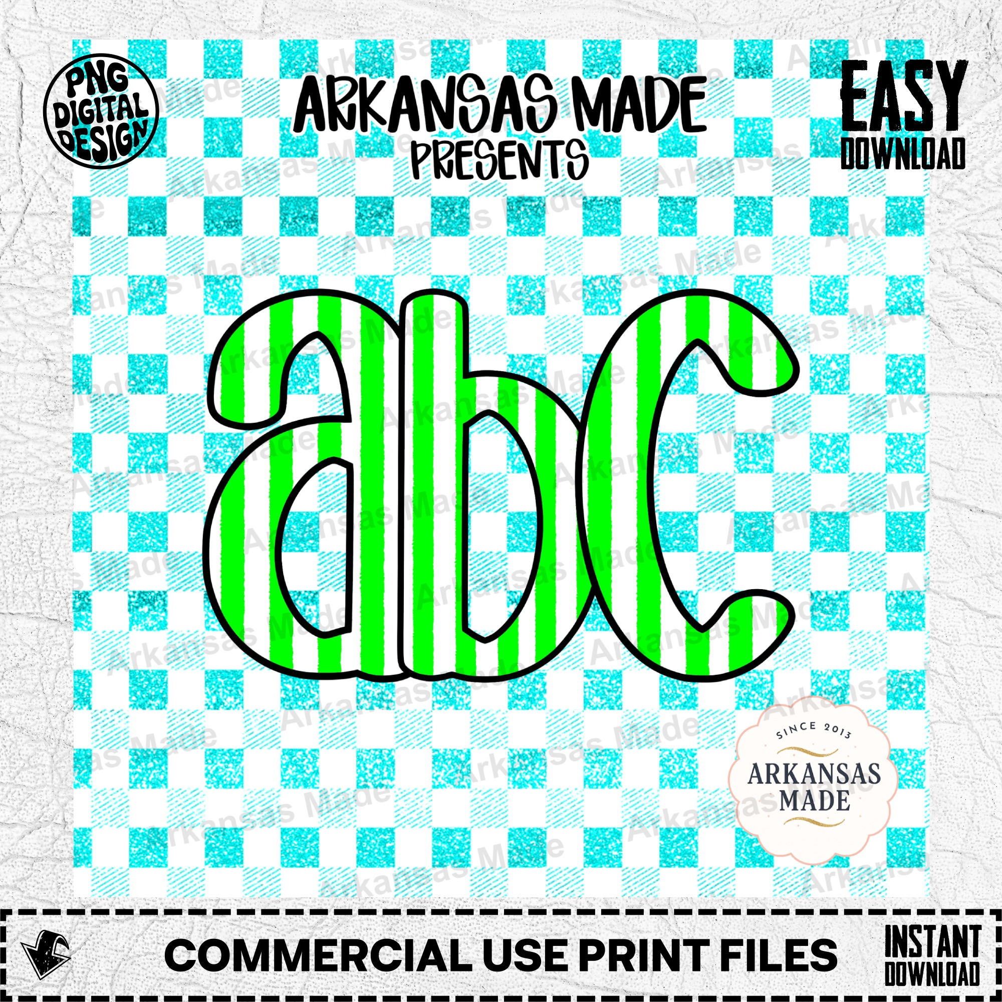 Green Striped ABC Digital Download Alpha Set - Teal Gingham Faux Glitter Alphabet Clipart for Teachers & Crafters