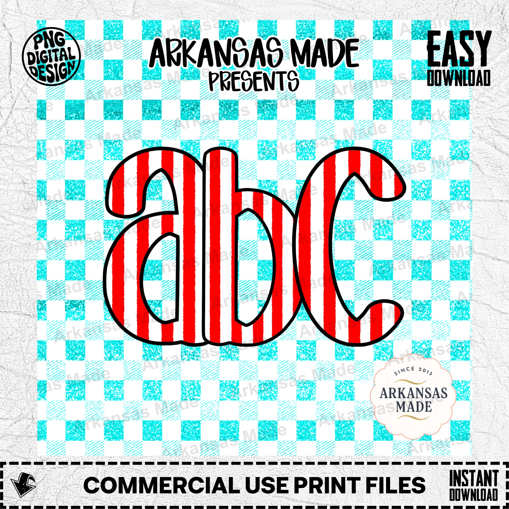 Faux Glitter ABC Digital Download Alpha Set, Red Stripe Alphabet Sublimation PNG, Teal Gingham Letters