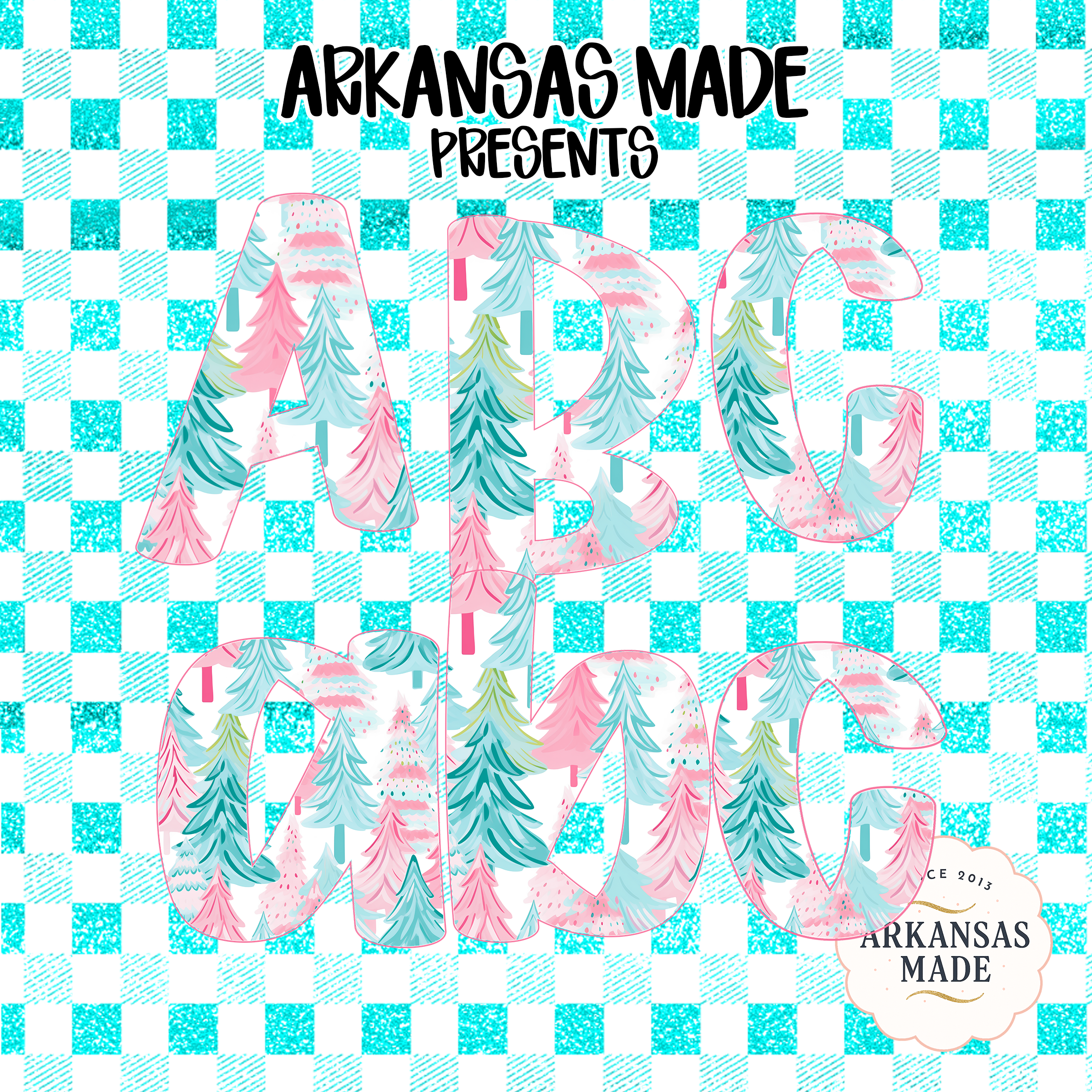 Digital, Digital Download Full A-Z Alpha, Sublimation DTF PNGs, Pastel Christmas Trees Alphabet, Winter Teal Pink Plaid Glitter Letters