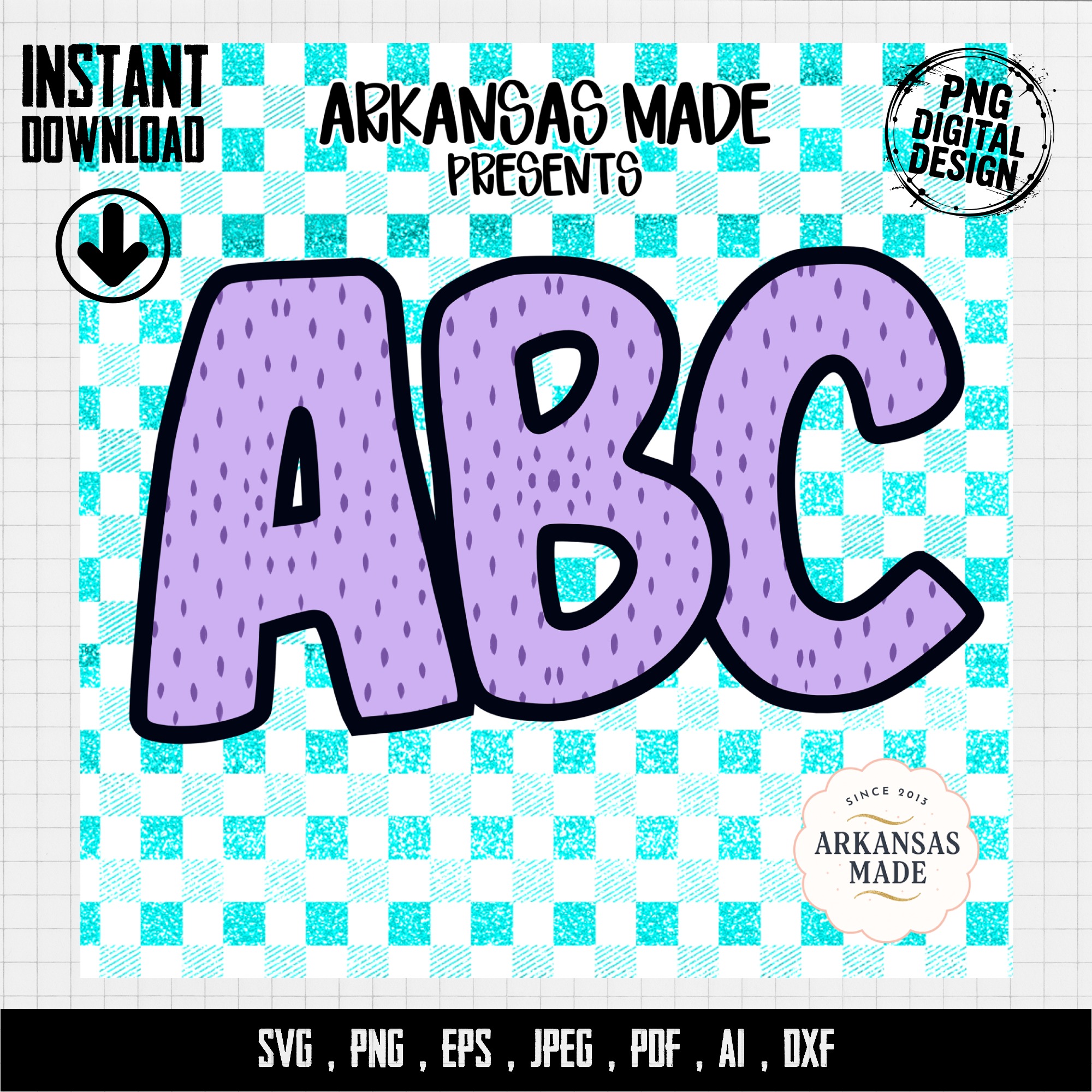 Purple Speckled ABC Alphabet, Full A-Z Alpha Set, Glitter Teal Checkered Background, Digital, Sublimation DTF PNGs Download - Image 4