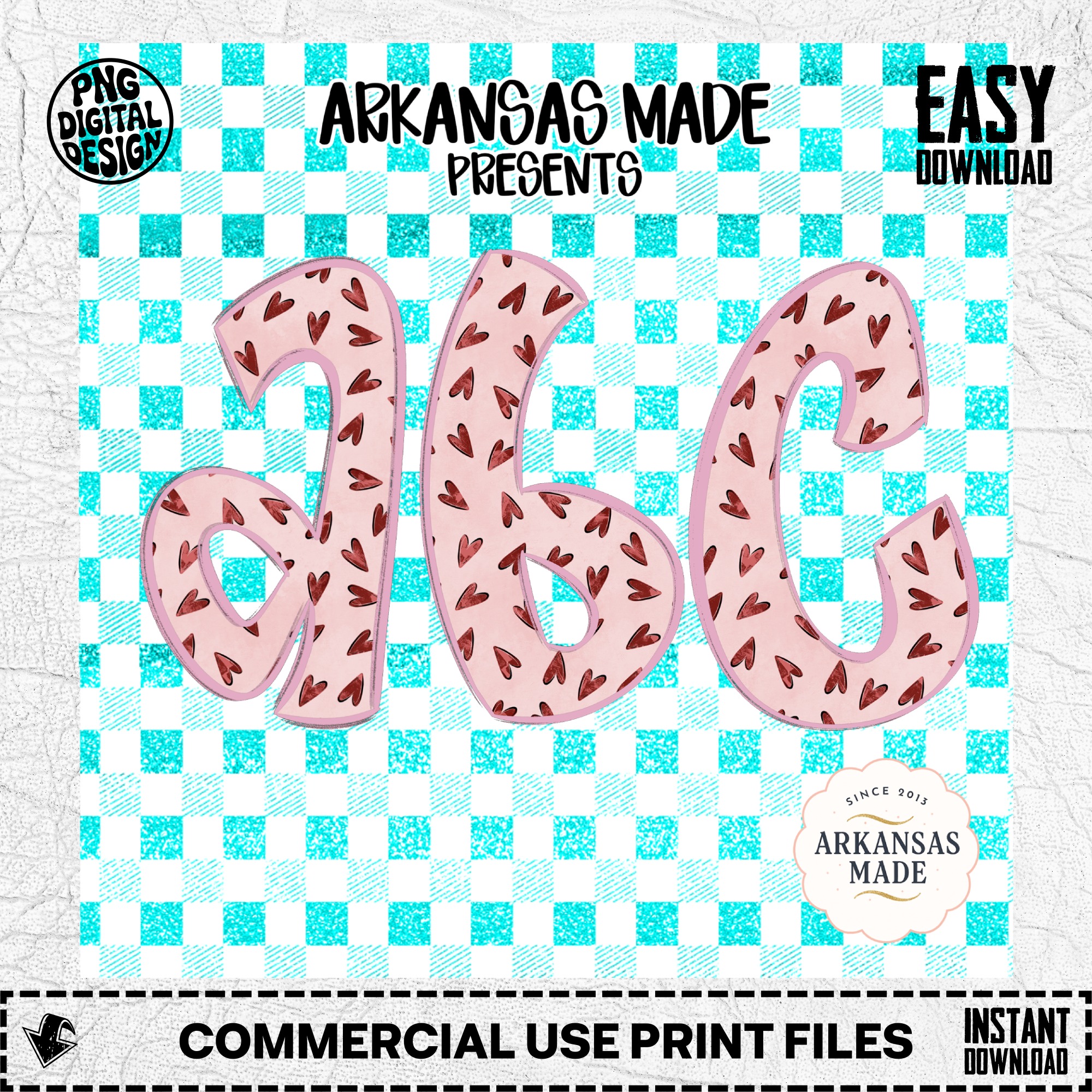 Pink Hearts Aqua Checkered Digital Alphabet PNGs, Full A-Z Alpha Letters, Sublimation DTF Digital Download for Crafts, Valentines, Cute Font - Image 2