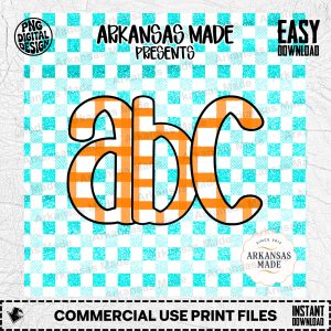 ABC Orange Gingham Digital Download Alpha Set, Turquoise Faux Glitter Letters, Back to School Teacher Classroom Decor PNG
