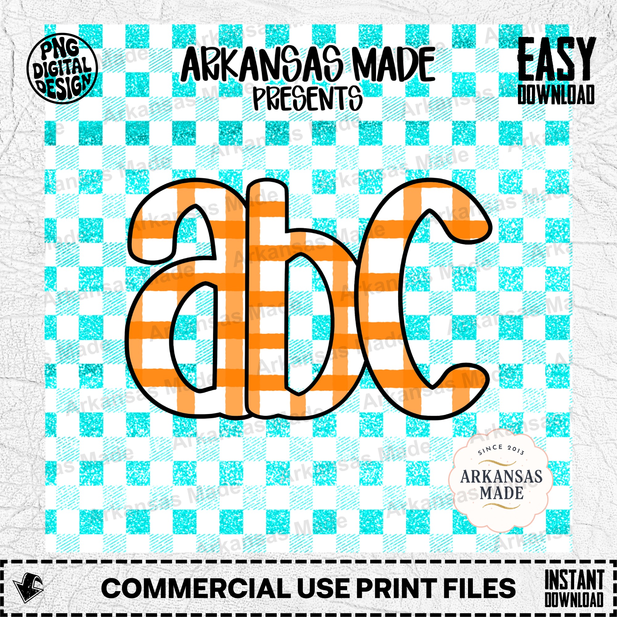 ABC Orange Gingham Digital Download Alpha Set, Turquoise Faux Glitter Letters, Back to School Teacher Classroom Decor PNG