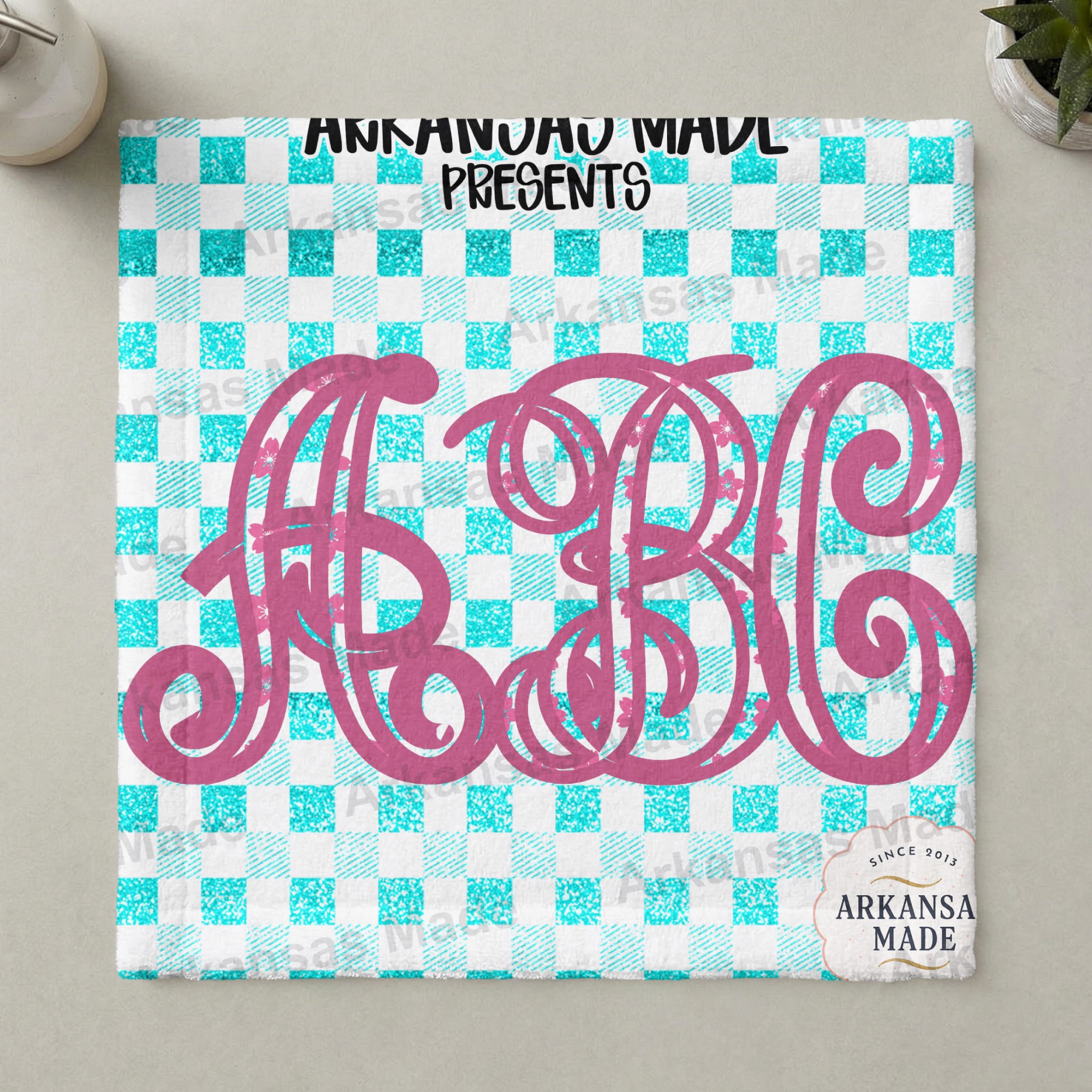 Pink Cherry Blossom Monogram SVG PNG Font Letters, Faux Glitter Teal Gingham Alpha Set, Personalized Digital Download - Image 3
