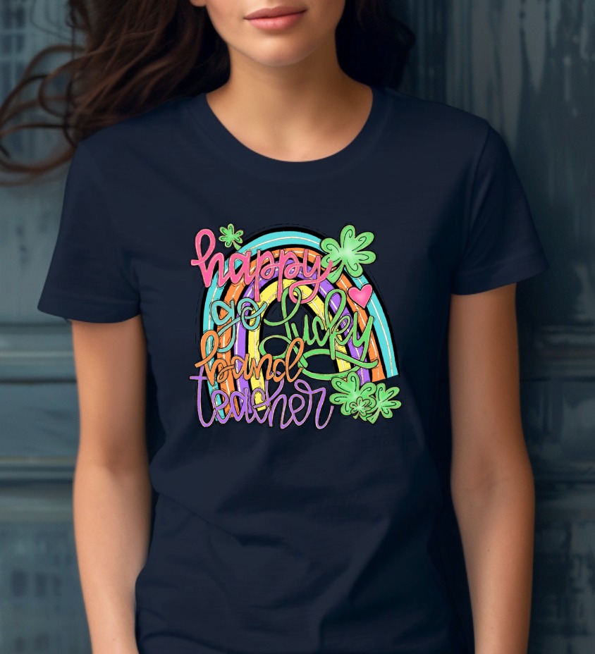 Happy Go Lucky Teacher T-Shirt, St Patrick's Day Shirt, Rainbow Teacher PNG, Lucky Clover Sublimation Design, Teacher Gift Digital Download - Image 3